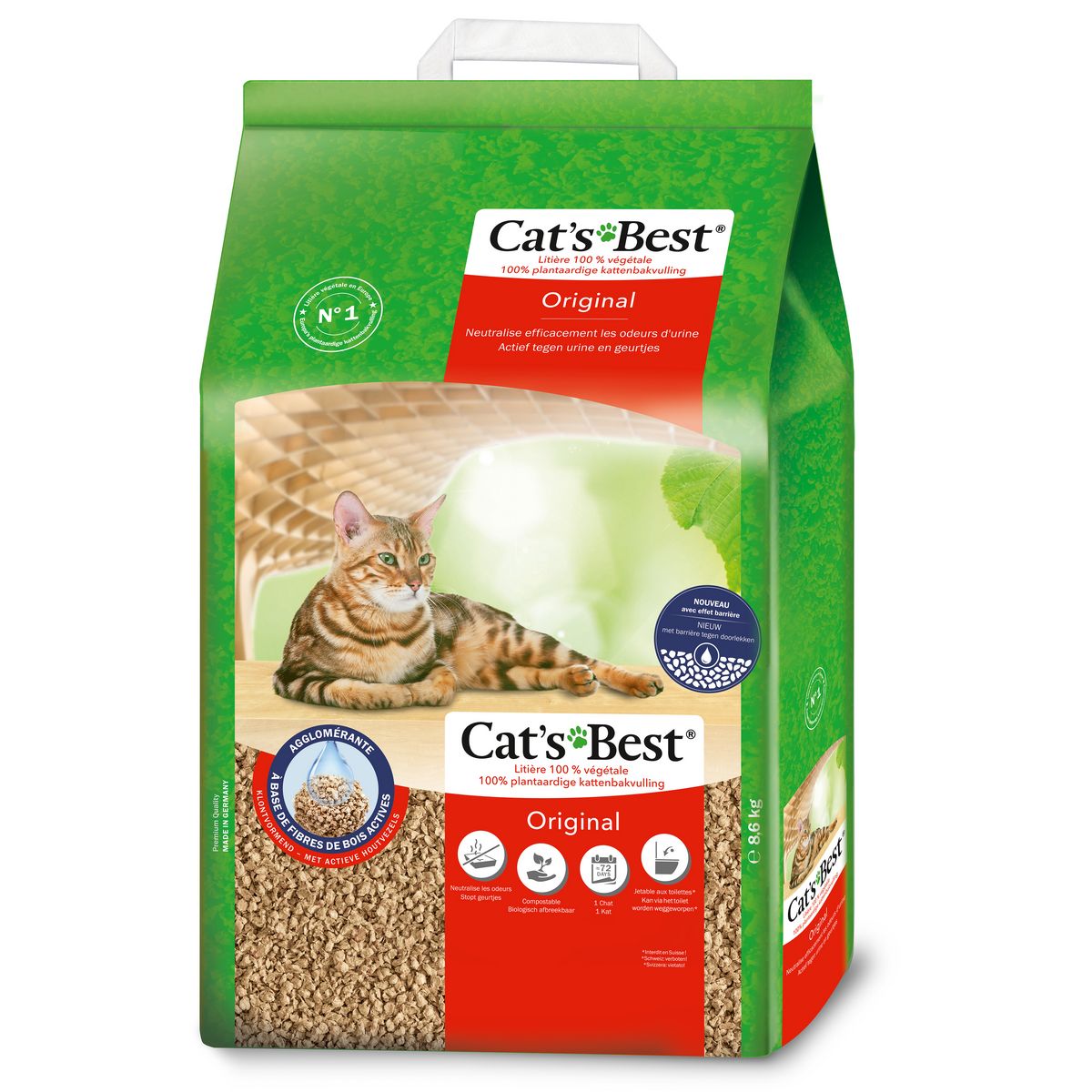 CAT'S BEST Litière végétale agglomérante à base de bois jetable aux toilettes pour chat 8.6kg