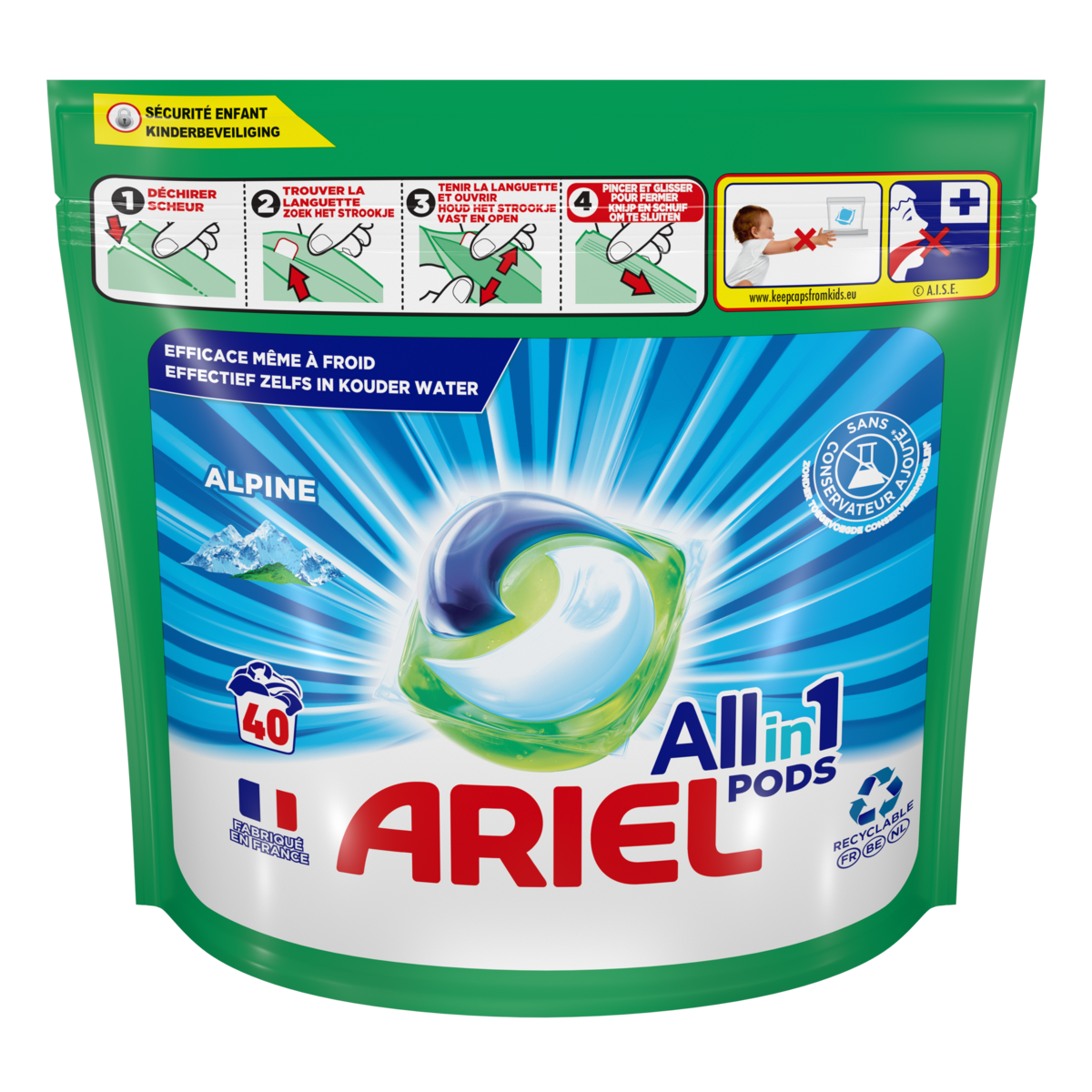 ARIEL All In One Pods Lessive alpine 31 lavages pas cher 