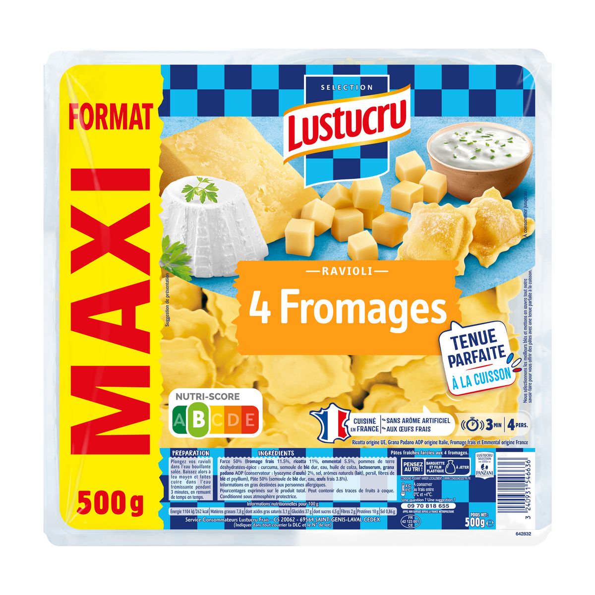 LUSTUCRU Ravioli 4 fromages Format Maxi 4 portions 500g
