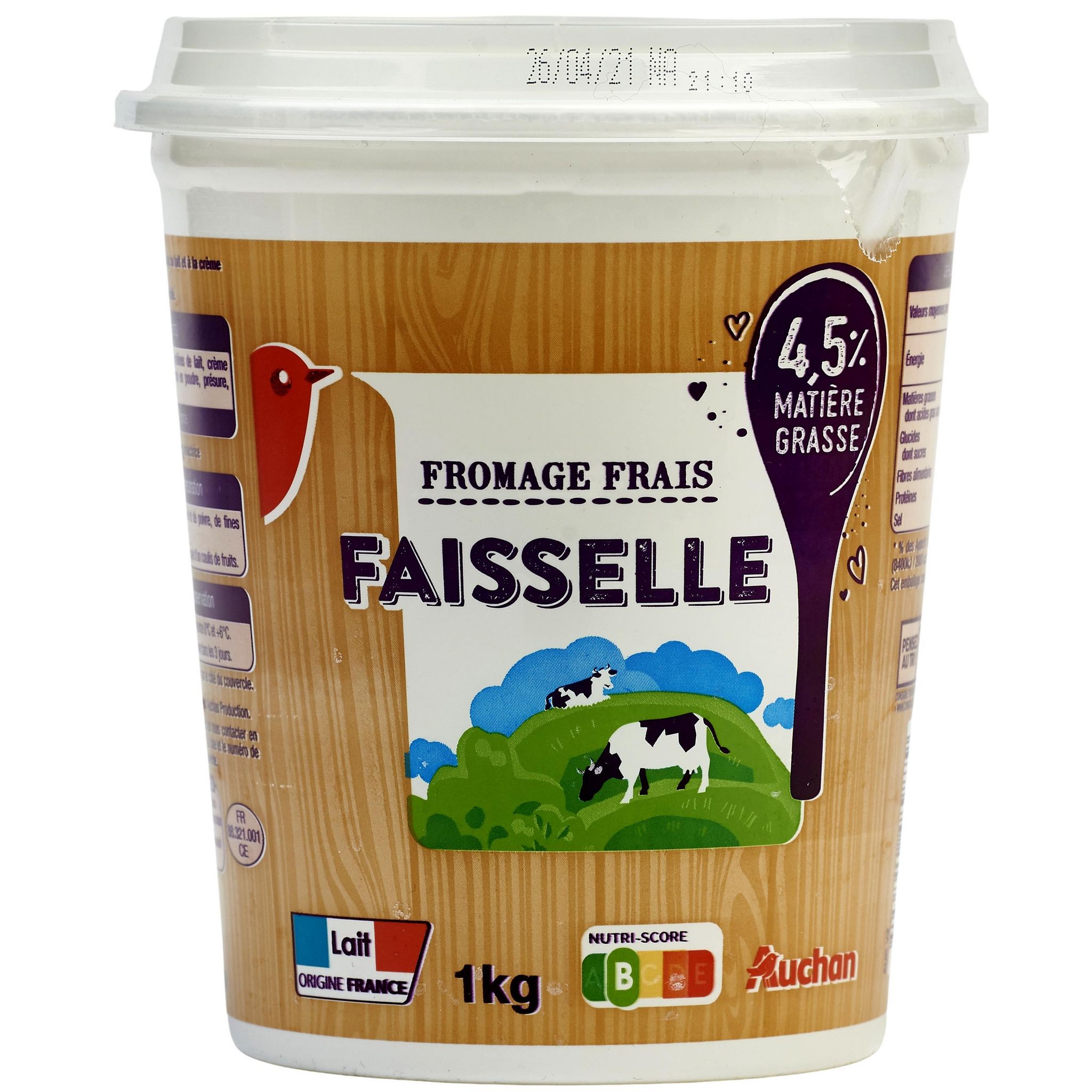 AUCHAN Faisselle 4,5% MG 1kg pas cher 