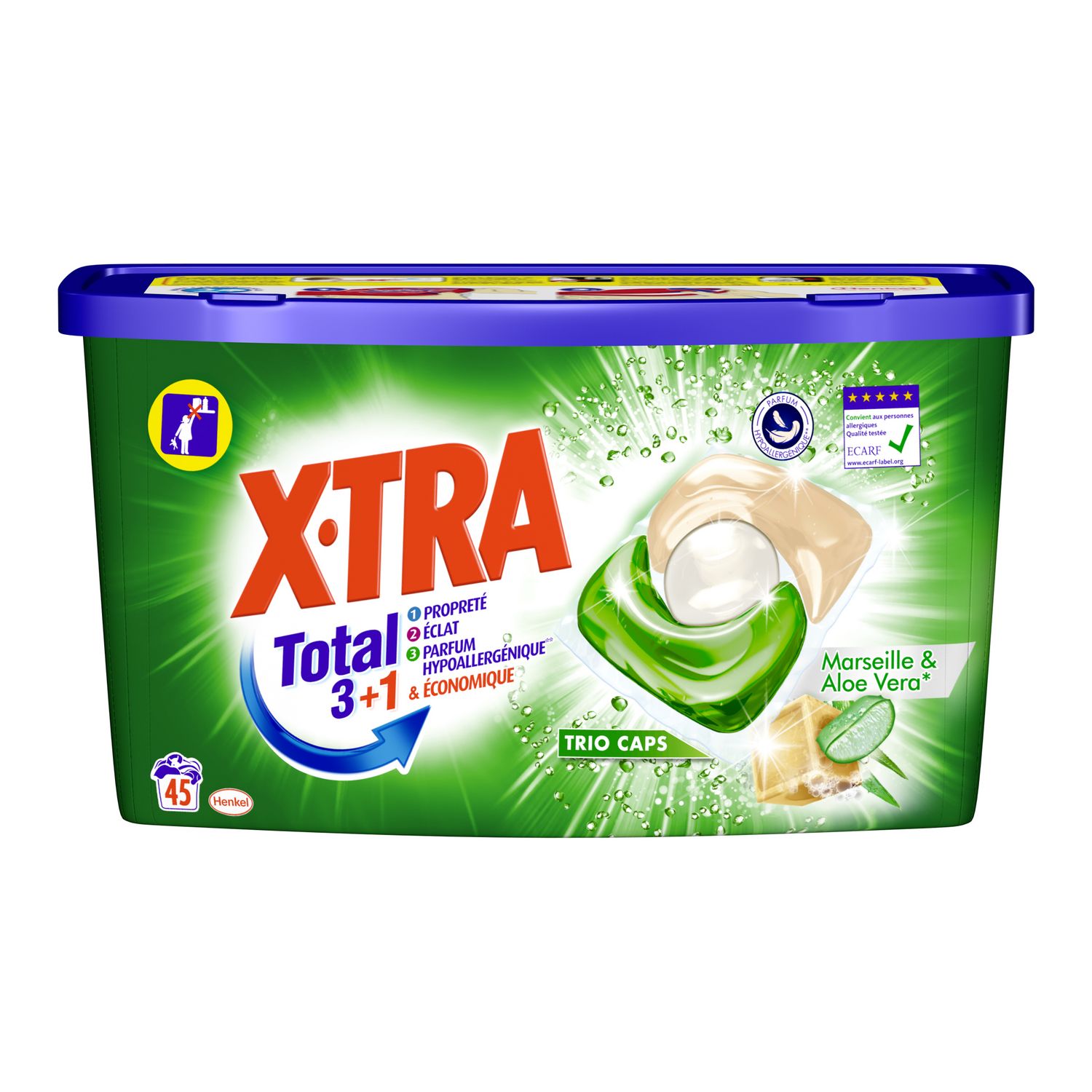 X-TRA Total Trio Caps Lessive en capsules savon de Marseille et aloe vera  45 capsules pas cher 