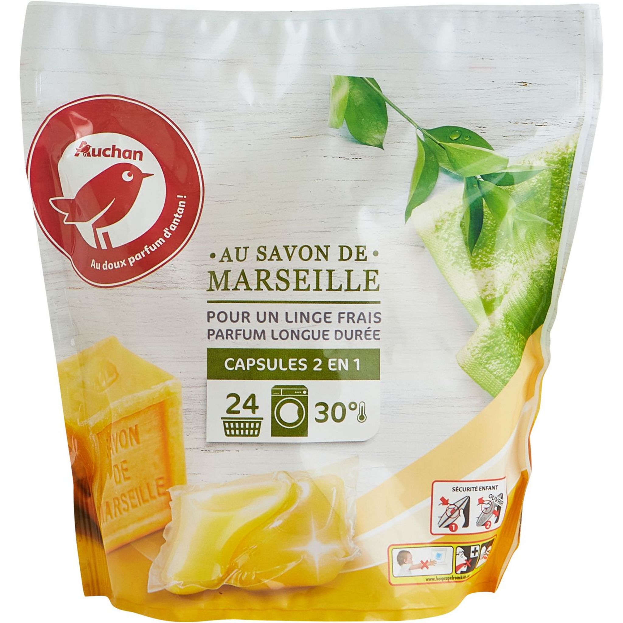 AUCHAN Capsules de lessive 2 en 1 au savon de Marseille 24 capsules pas  cher 