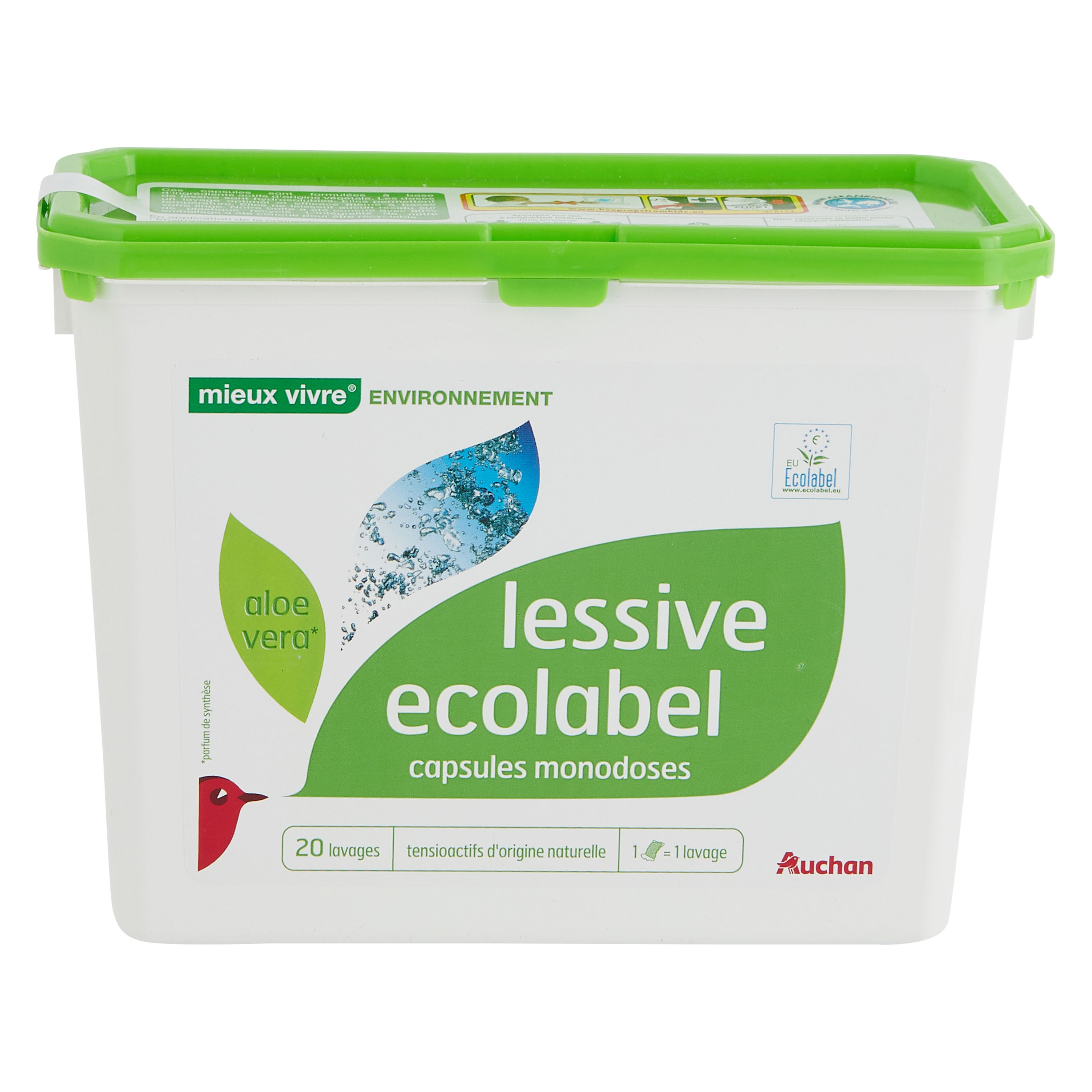 AUCHAN Lessive capsules ecolabel à l'aloé vera 20 capsules 0.528kg pas cher  