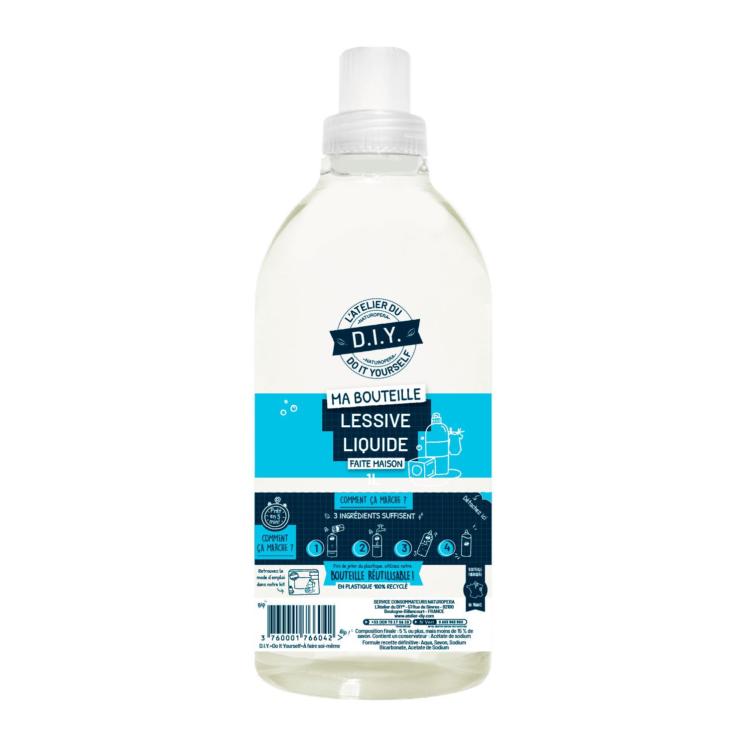 Ma Bouteille lessive liquide 1l en plastique recyclé et recyclable, avec  bouchon doseur L'ATELIER DU D.I.Y 26850 : bio, complément alimentaire,  cosmétiques, articulations, circulation, minceurvente de complément  alimentaire 