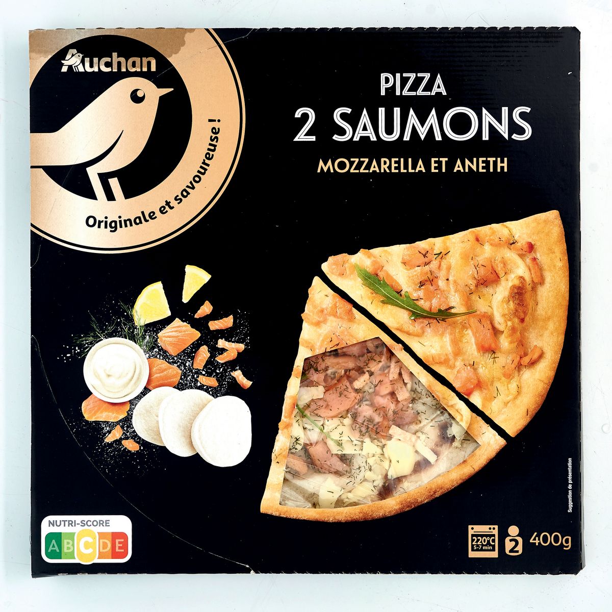 AUCHAN GOURMET Pizza aux 2 saumons mozzarella et aneth 2 parts 400g