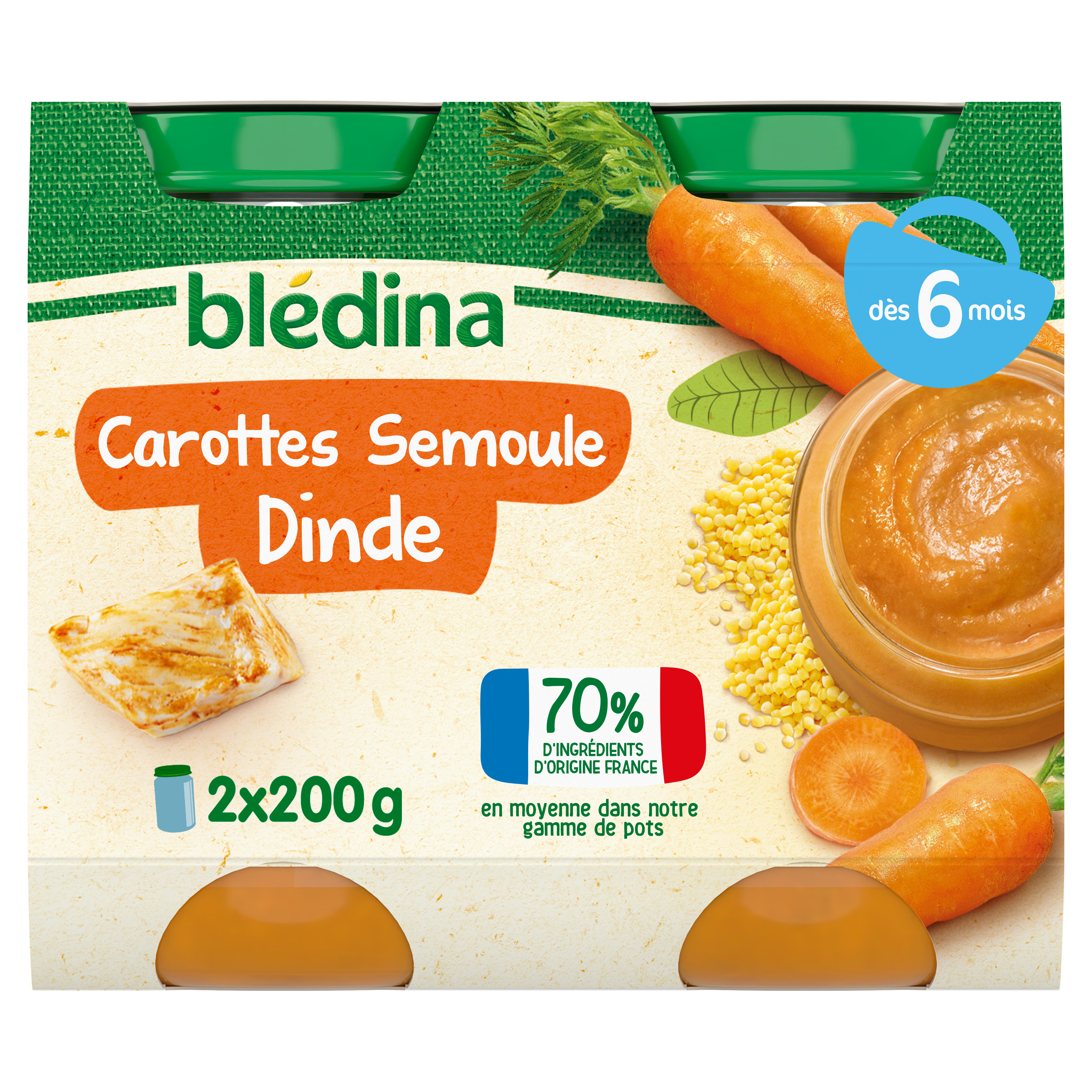 Petit pot bébé soir dès 6 mois carottes semoule Blédiner BLEDINA