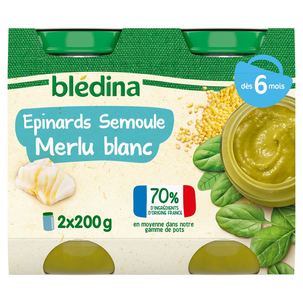 Petits pots Blédina - Epinards Semoule Merlu Blanc - Lot x4