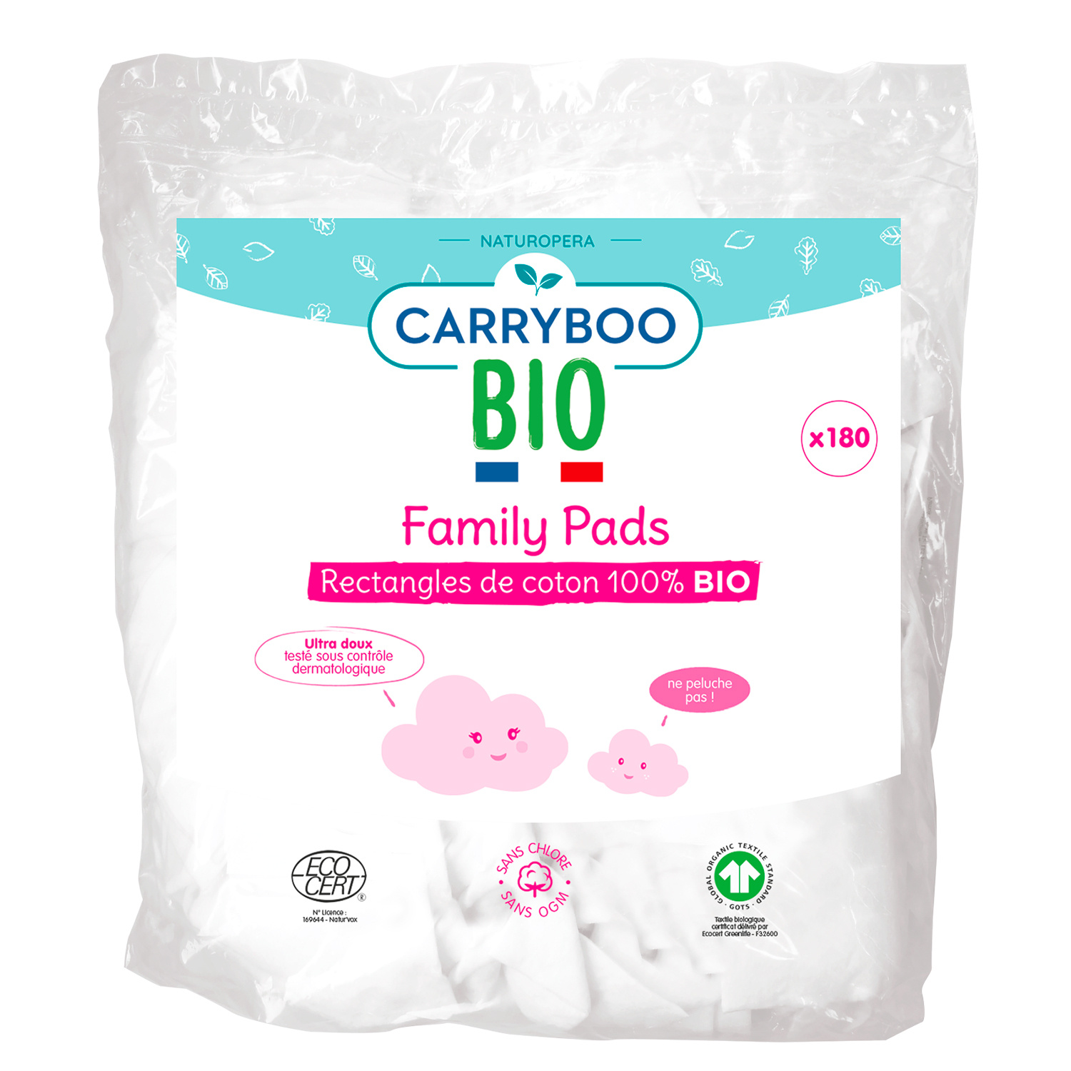 CARRYBOO BIO Family pads rectangles de coton 100% bio ultra doux 180 cotons  pas cher 