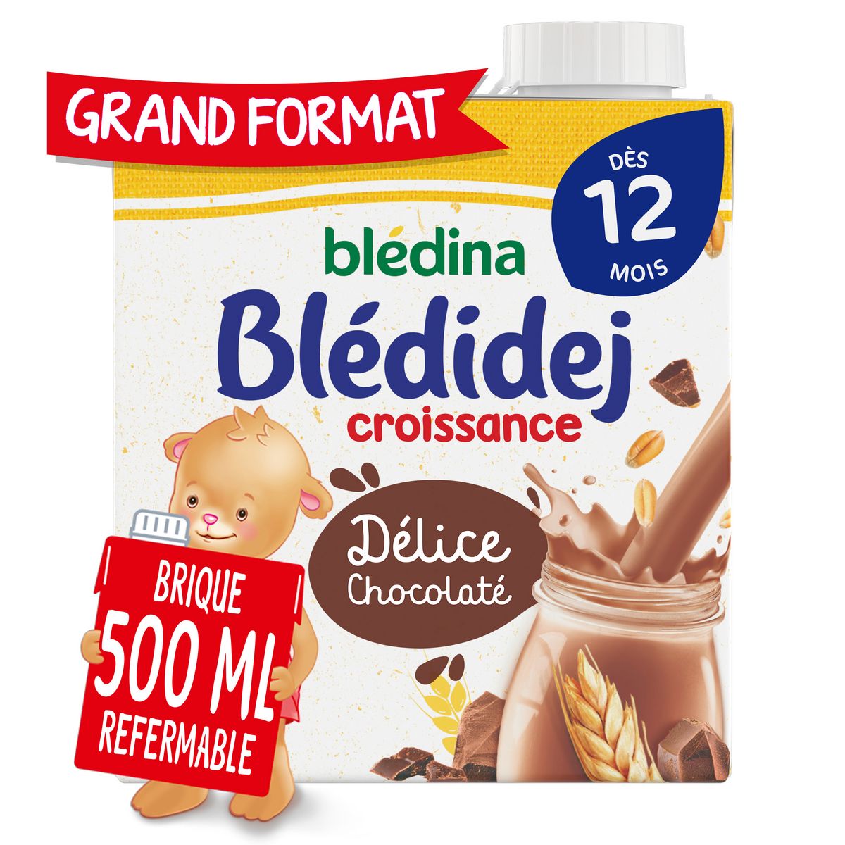 Blédina Blédidej, Céréales bébé Lactées Délice Chocolaté, Dès 12 Mois,  500ml (6 briques) : : Epicerie