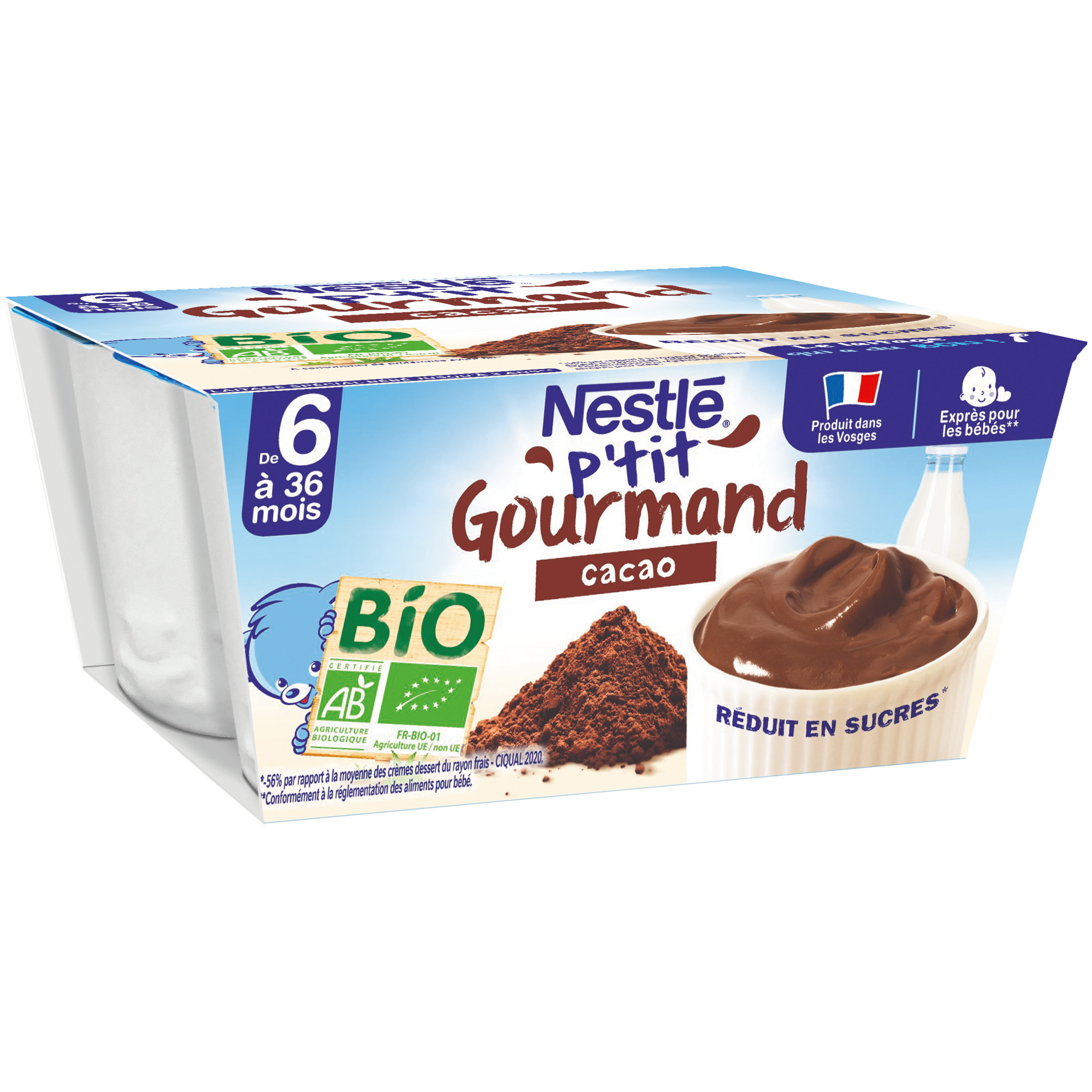 NESTLE P'tit brassé petit pot dessert lacté cacao bio dès 6 mois 4x90g pas  cher 