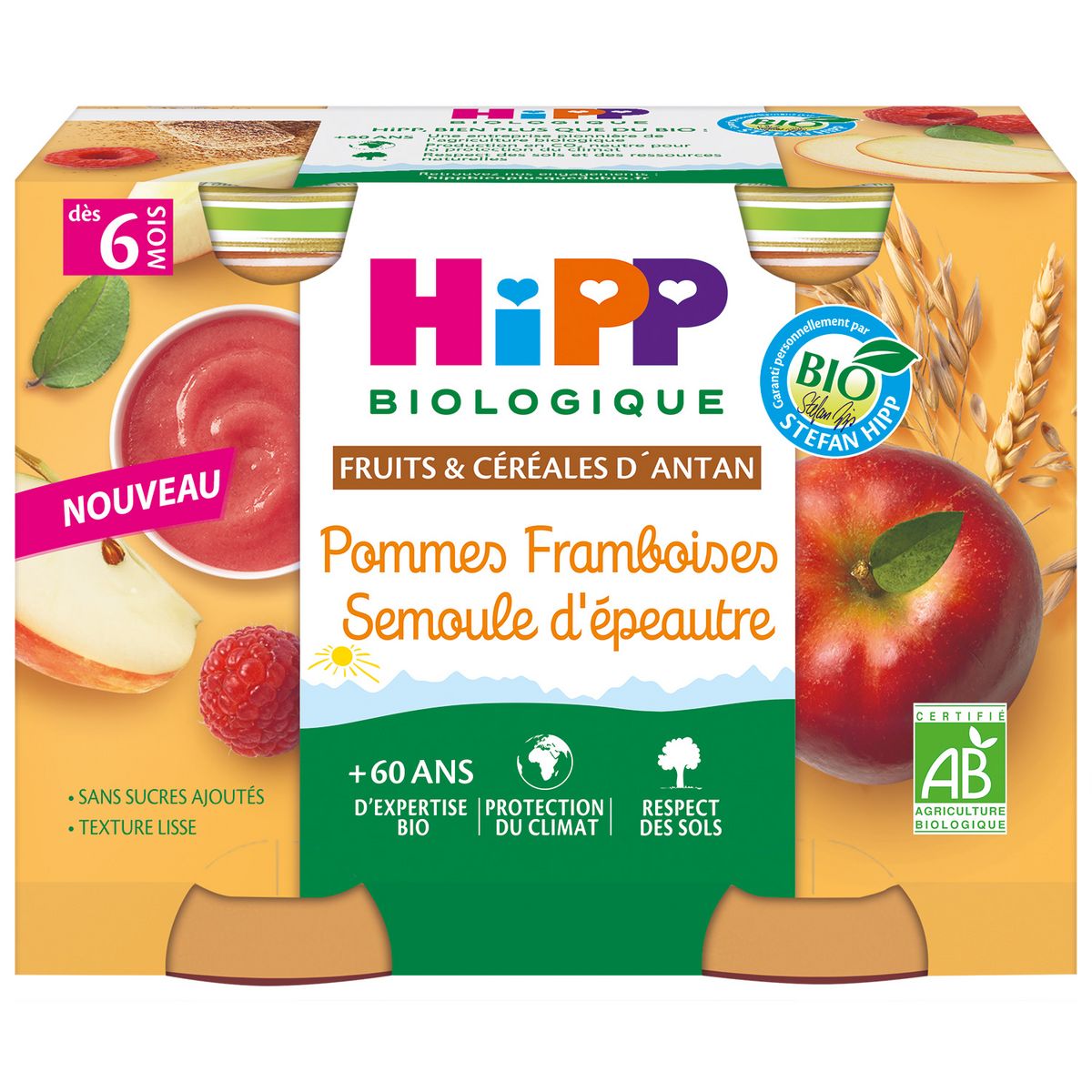 HIPP Petit pot dessert pommes framboises semoule d'épeautre bio dès 6 mois 2x190g