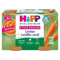 HIPP Petits Pots p'tits veggies carottes lentilles corail bio dès 6 mois 2x125g
