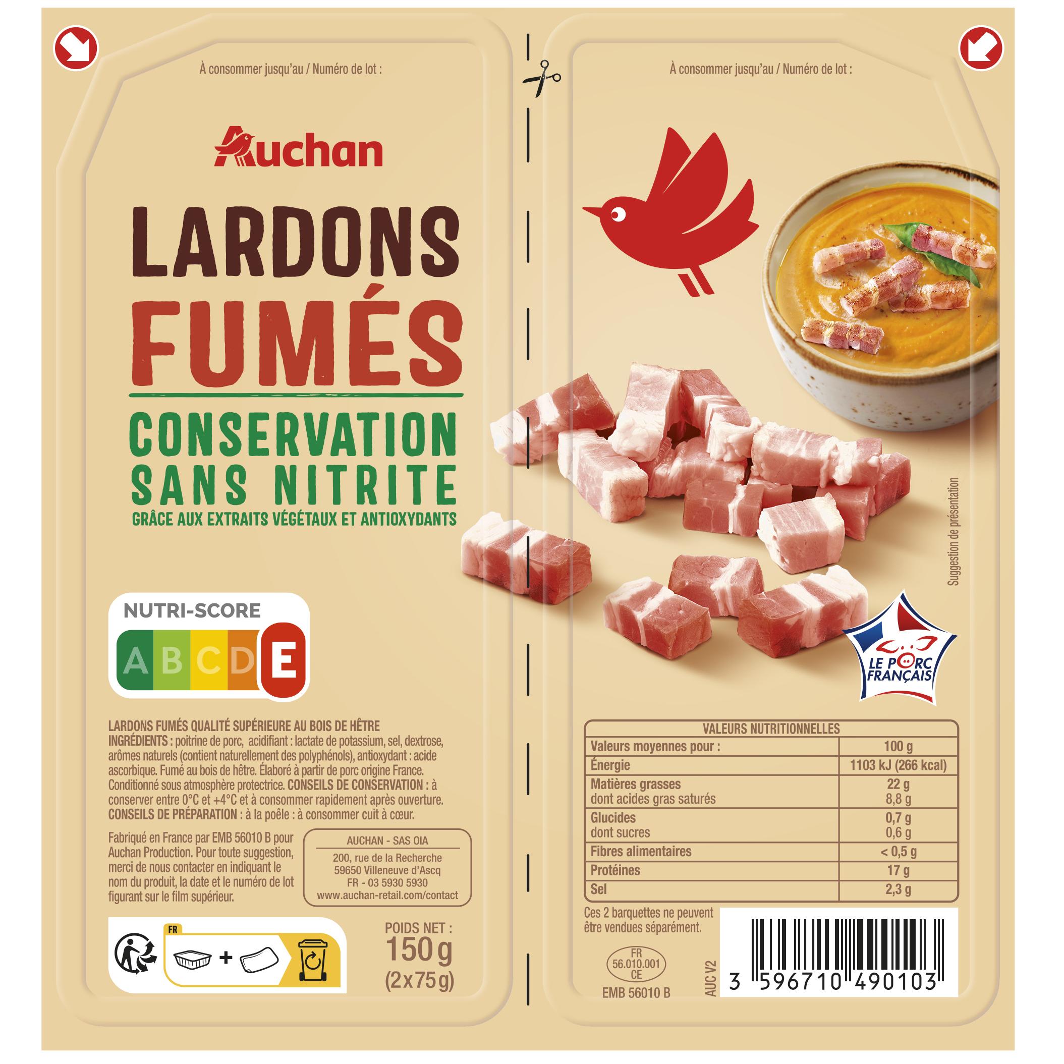 Lardons fumés sans sel nitrité