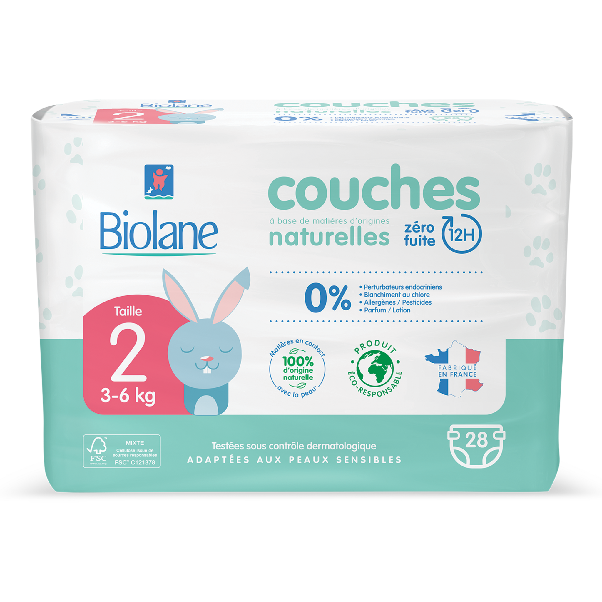 BIOLANE Couches naturelles zéro fuite 12h taille 2 (3 à 6kg) 28 couches pas  cher 