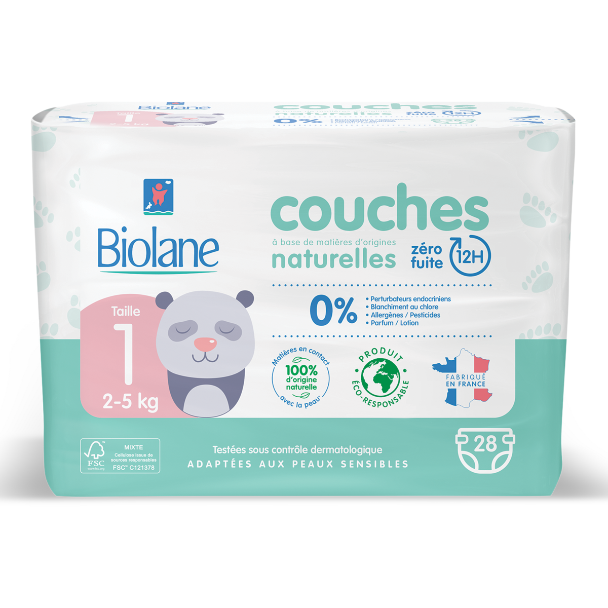 BIOLANE Couches naturelles zéro fuites 12h taille 1 (2-5kg) 28