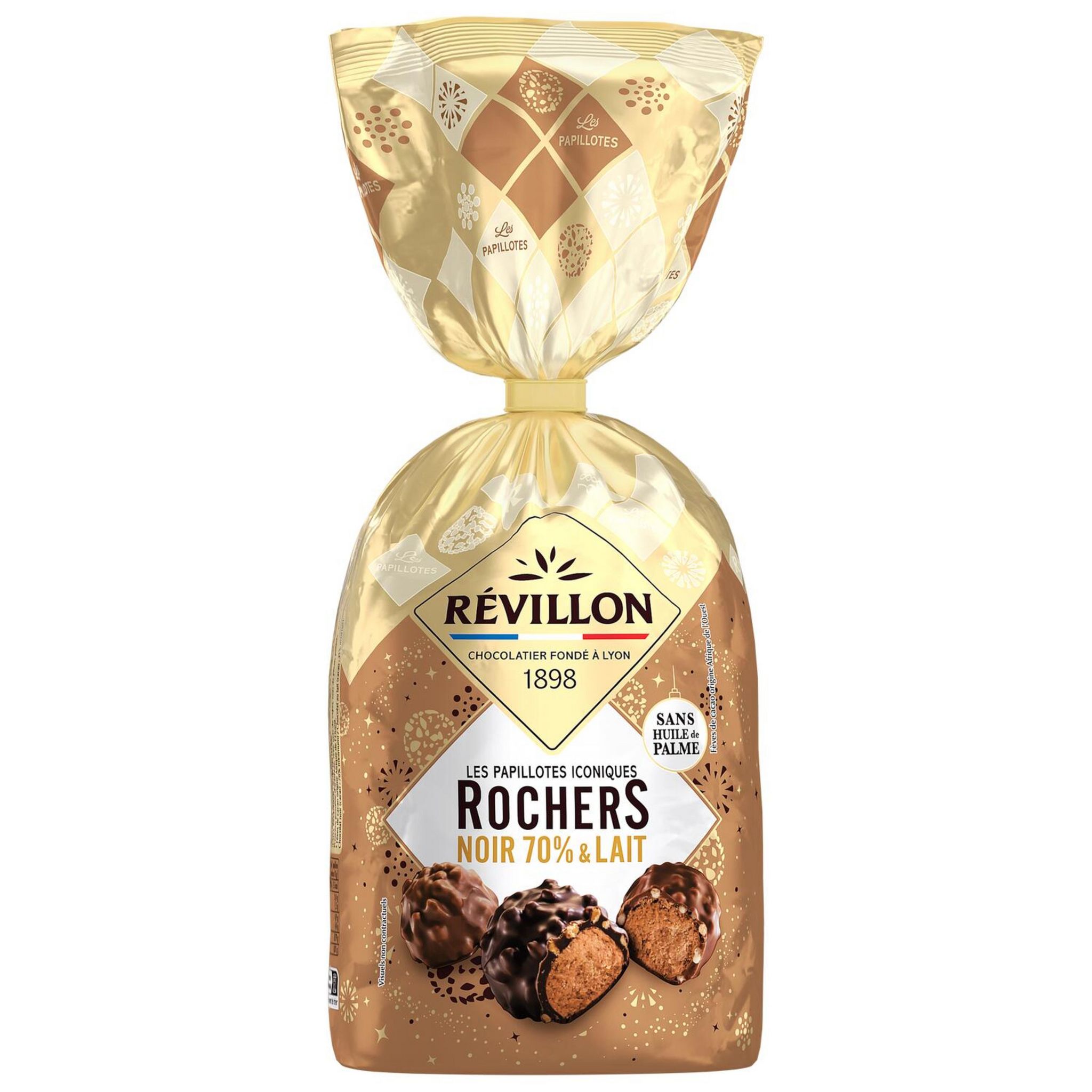 REVILLON CHOCOLATIER Les Papillotes assortiment de rochers au chocolat au  lait et noir 70% environ 32 rochers 370g pas cher 