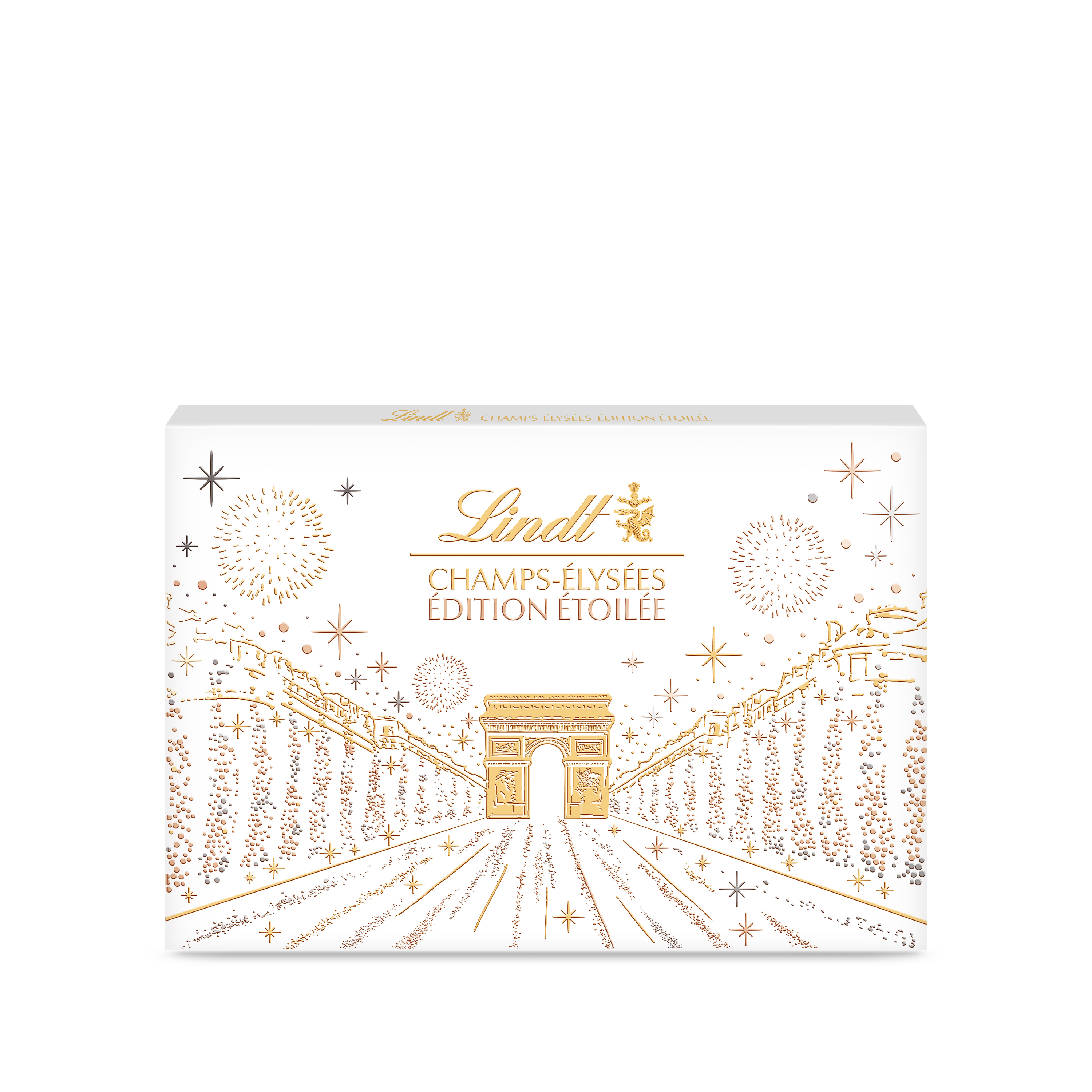 LINDT Champs-Elysées Edition Etoilée assortiment de chocolats au lait,  noirs et blancs fourrés 44 pièces 465g pas cher 