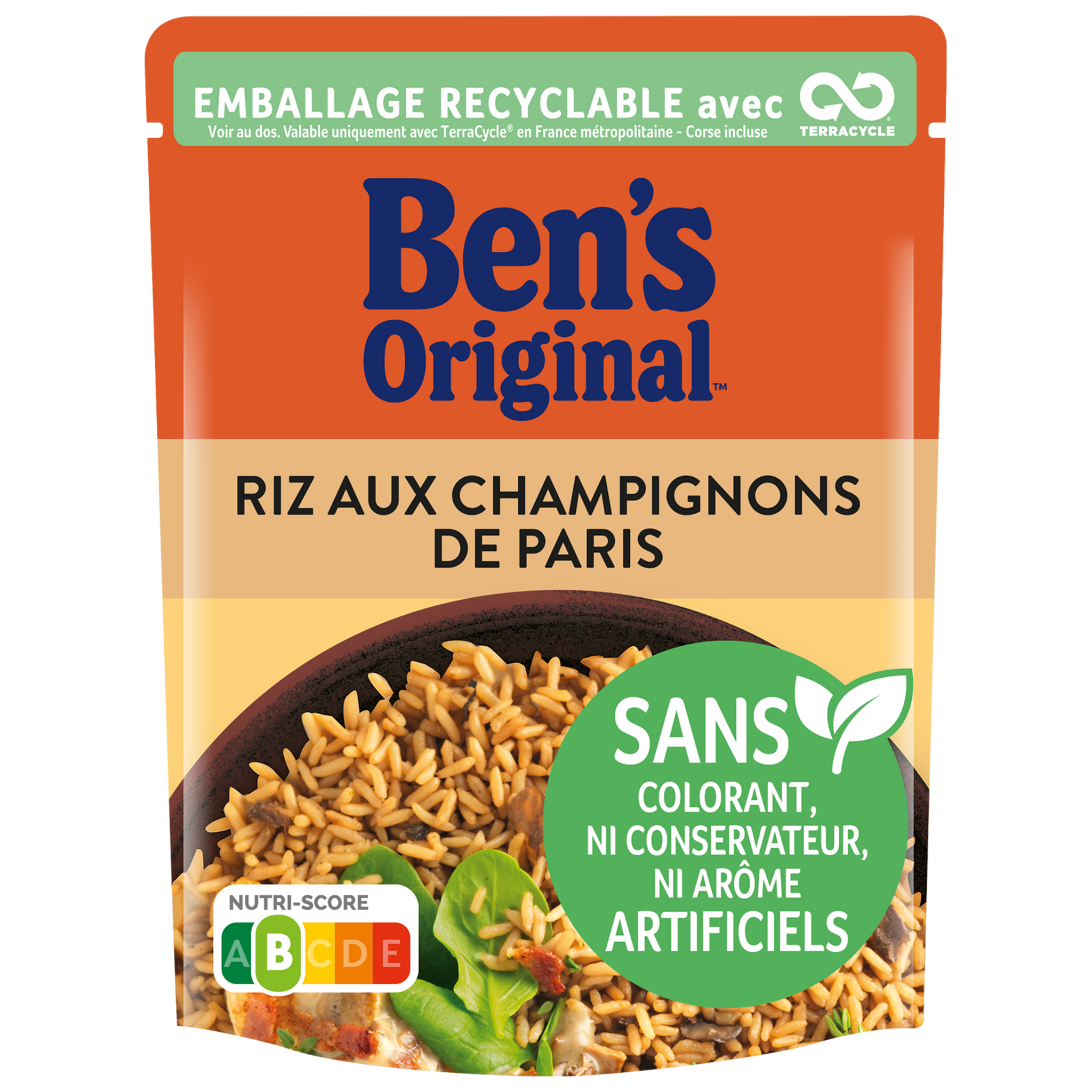 BEN'S ORIGINAL Riz aux champignons de Paris sachet recyclable prêt en 2  minutes 1 personne 250g pas cher 