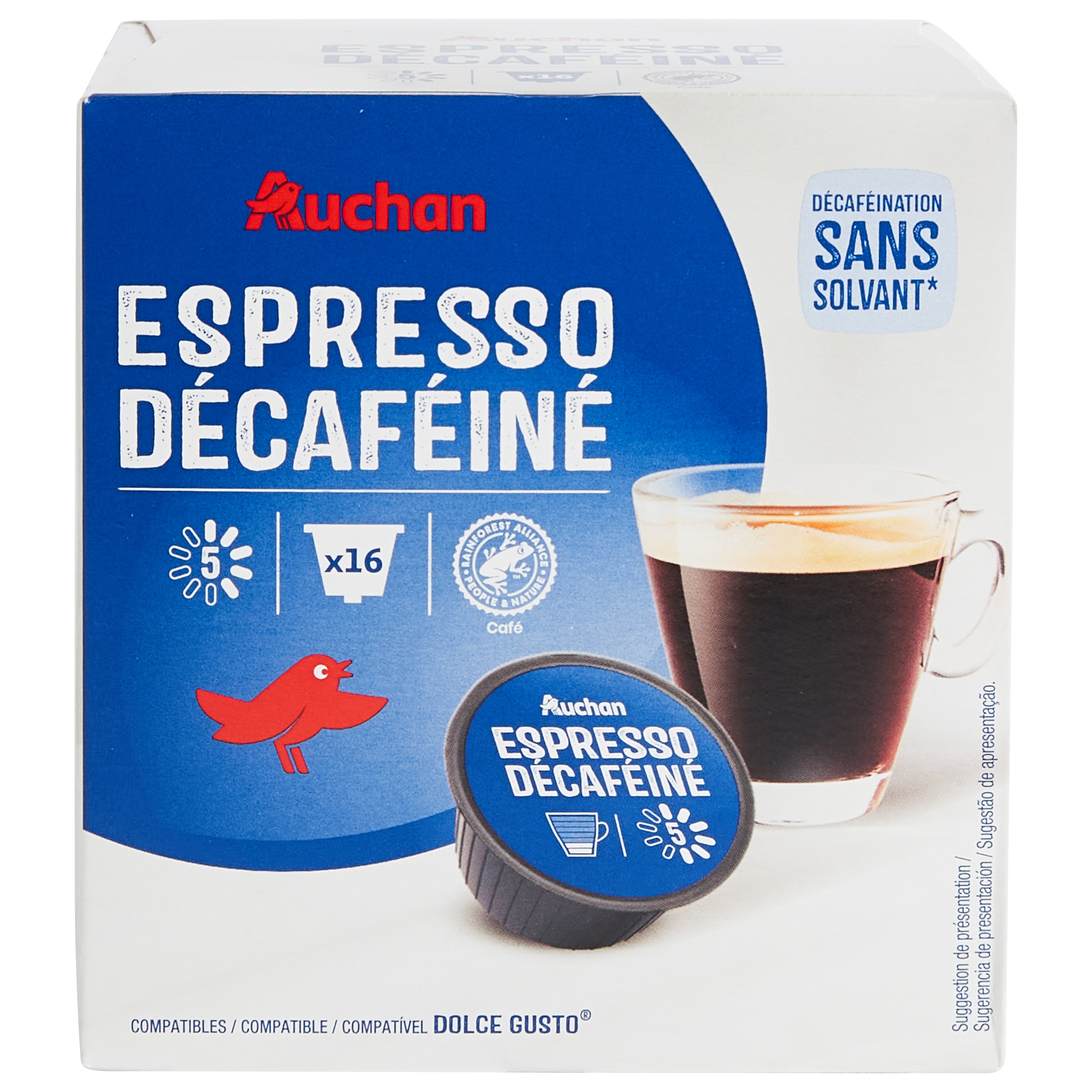 AUCHAN Capsules de café expresso décaféiné compatible Dolce gusto 16  capsules 112g pas cher 