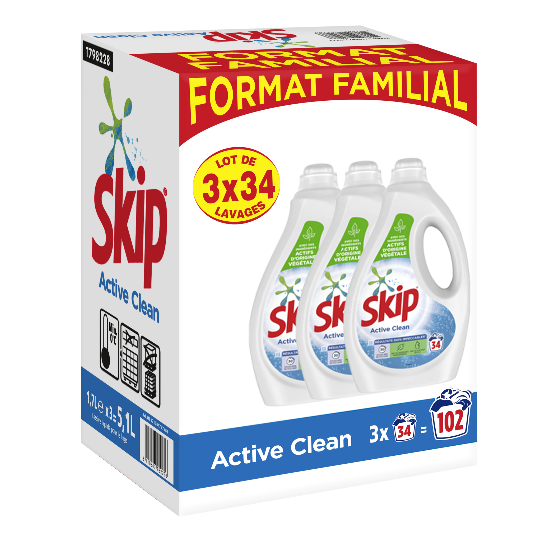 SKIP Lessive liquide active clean 3x34 lavages 3x1.7l pas cher 