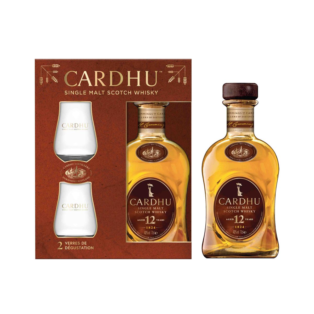 CARDHU Coffret Scotch Whisky single malt 12 ans 40%  + 2 verres 70cl