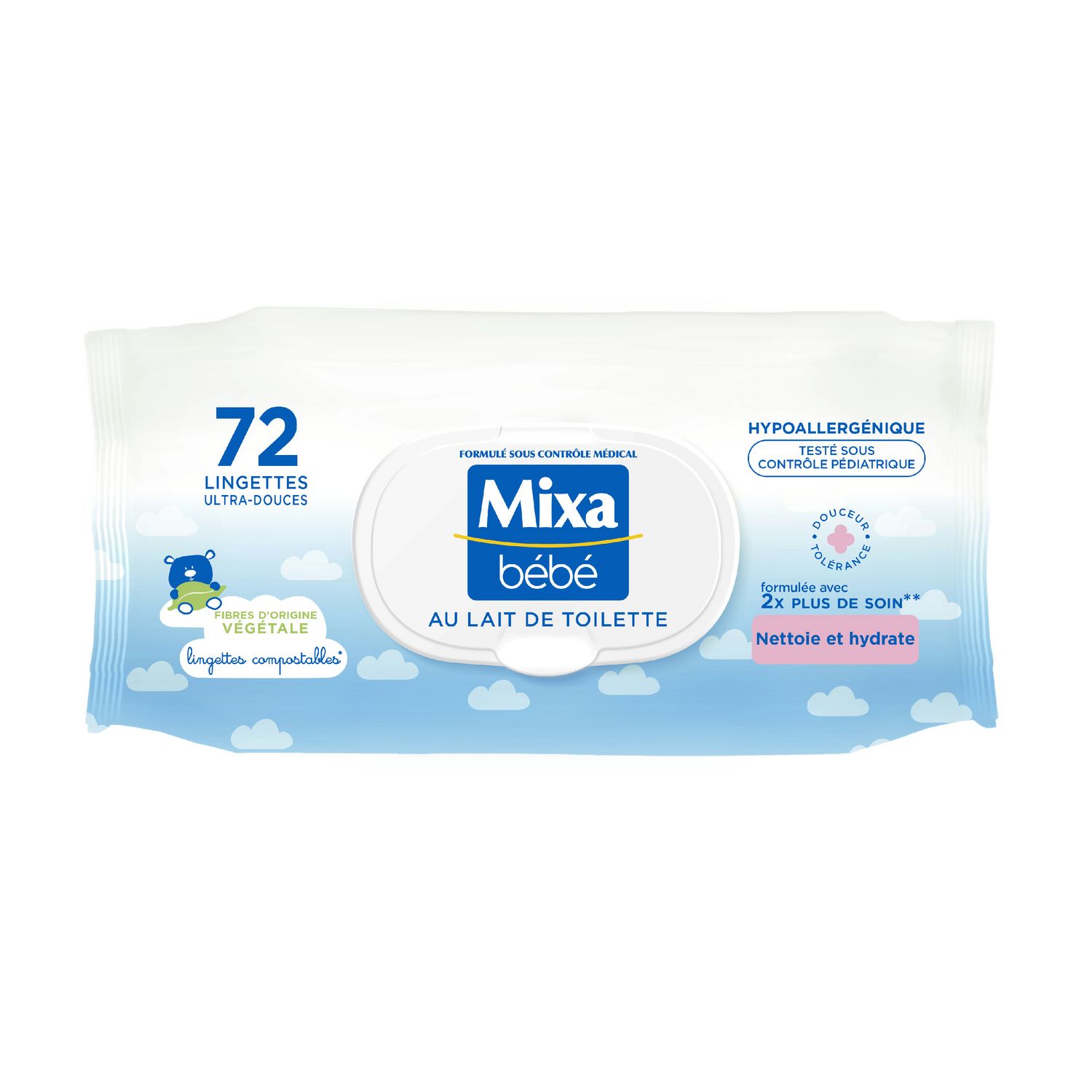 MIXA BEBE Lingettes ultra-douce au lait de toilette 72 lingettes pas