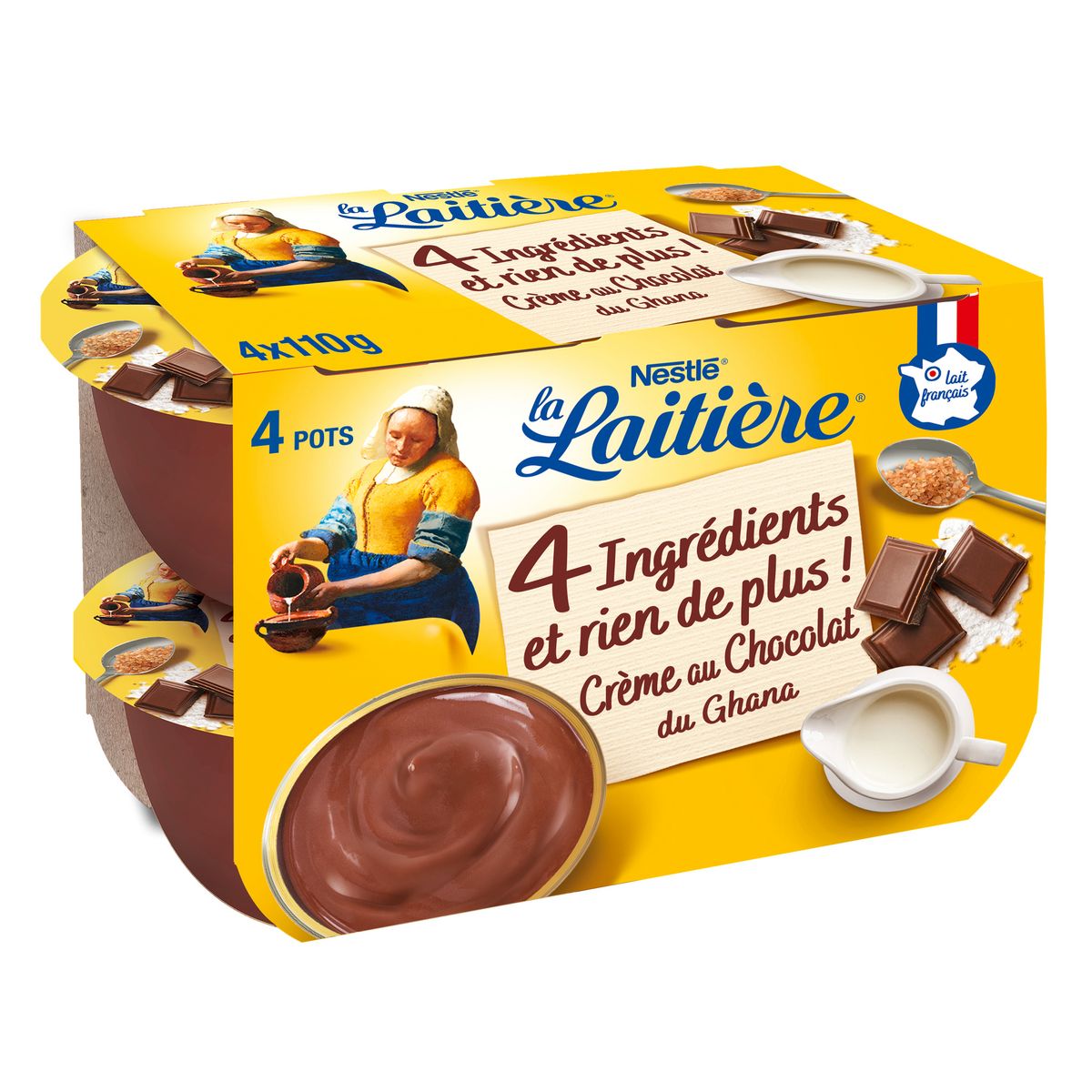 LA LAITIERE Crème 4 ingrédients au chocolat du Ghana 4x110g pas cher 
