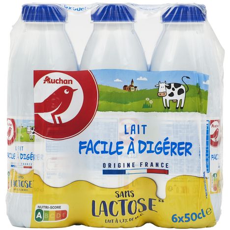 AUCHAN Lait facile à digérer sans lactose UHT 6x50cl pas cher 