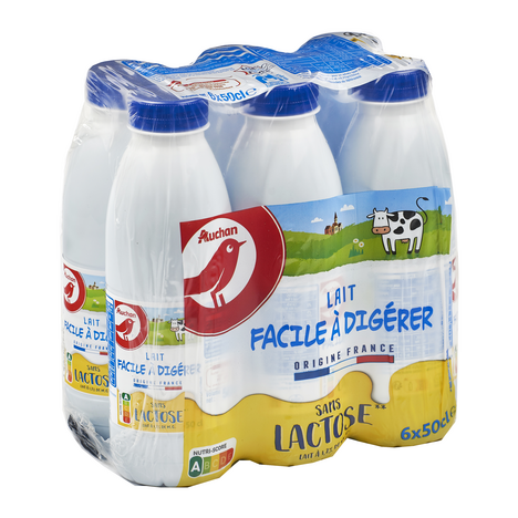 AUCHAN Lait facile à digérer sans lactose UHT 6x50cl pas cher 