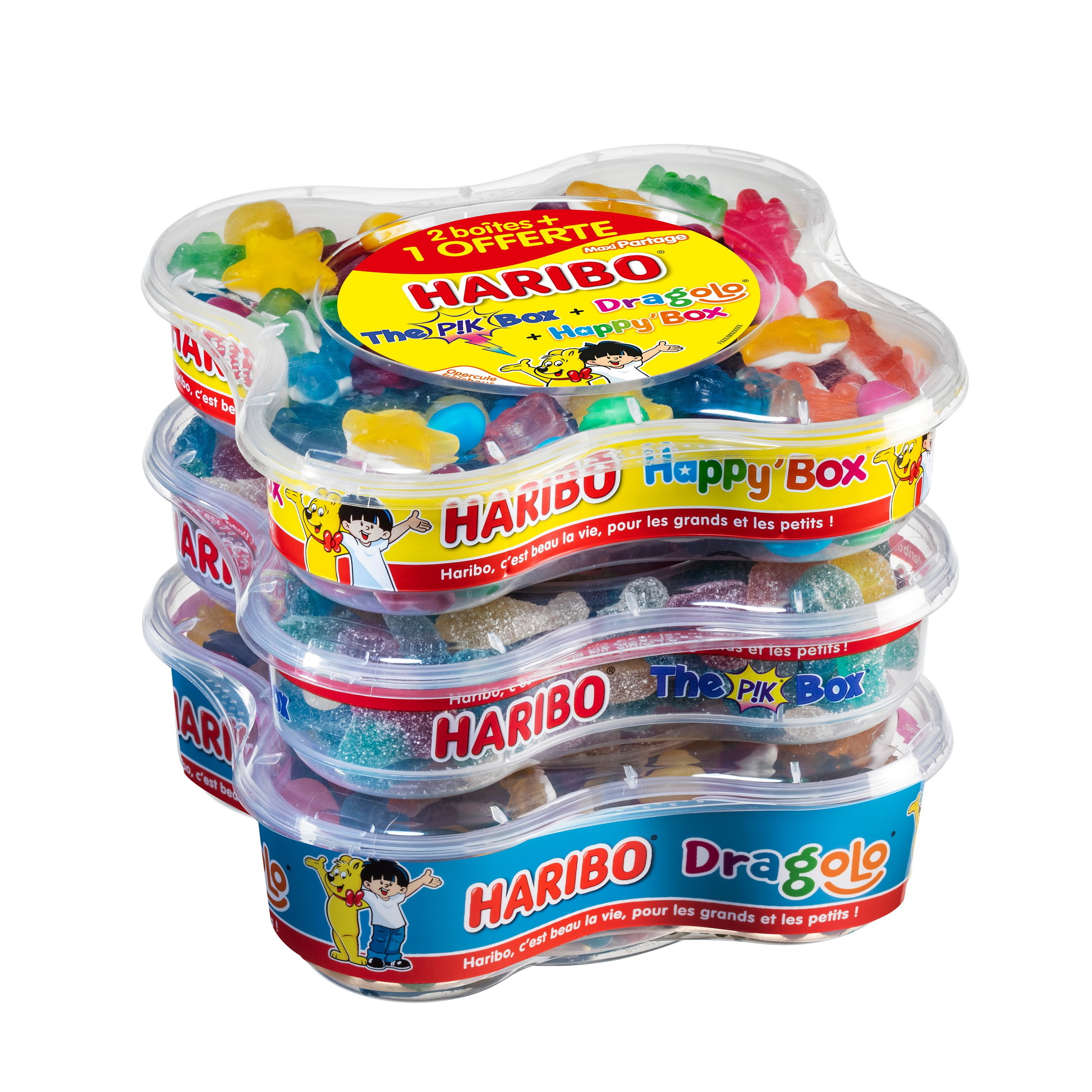 HARIBO C'est beau la vie lot de boîte de bonbon happy box the pik box et  dragolo 2+1 offerte 1.9kg pas cher 