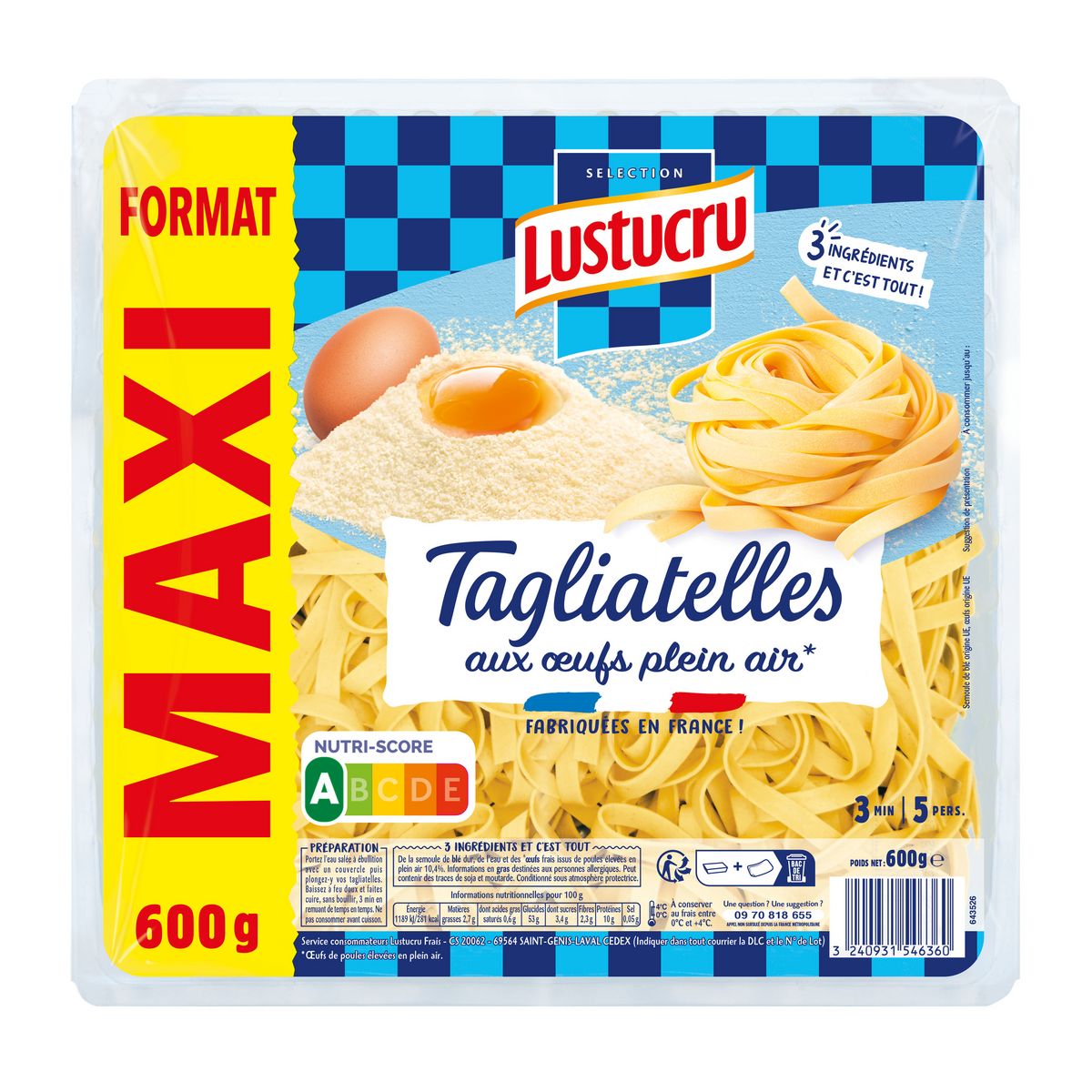 LUSTUCRU Tagliatelles aux œufs frais format Maxi 3 portions 600g