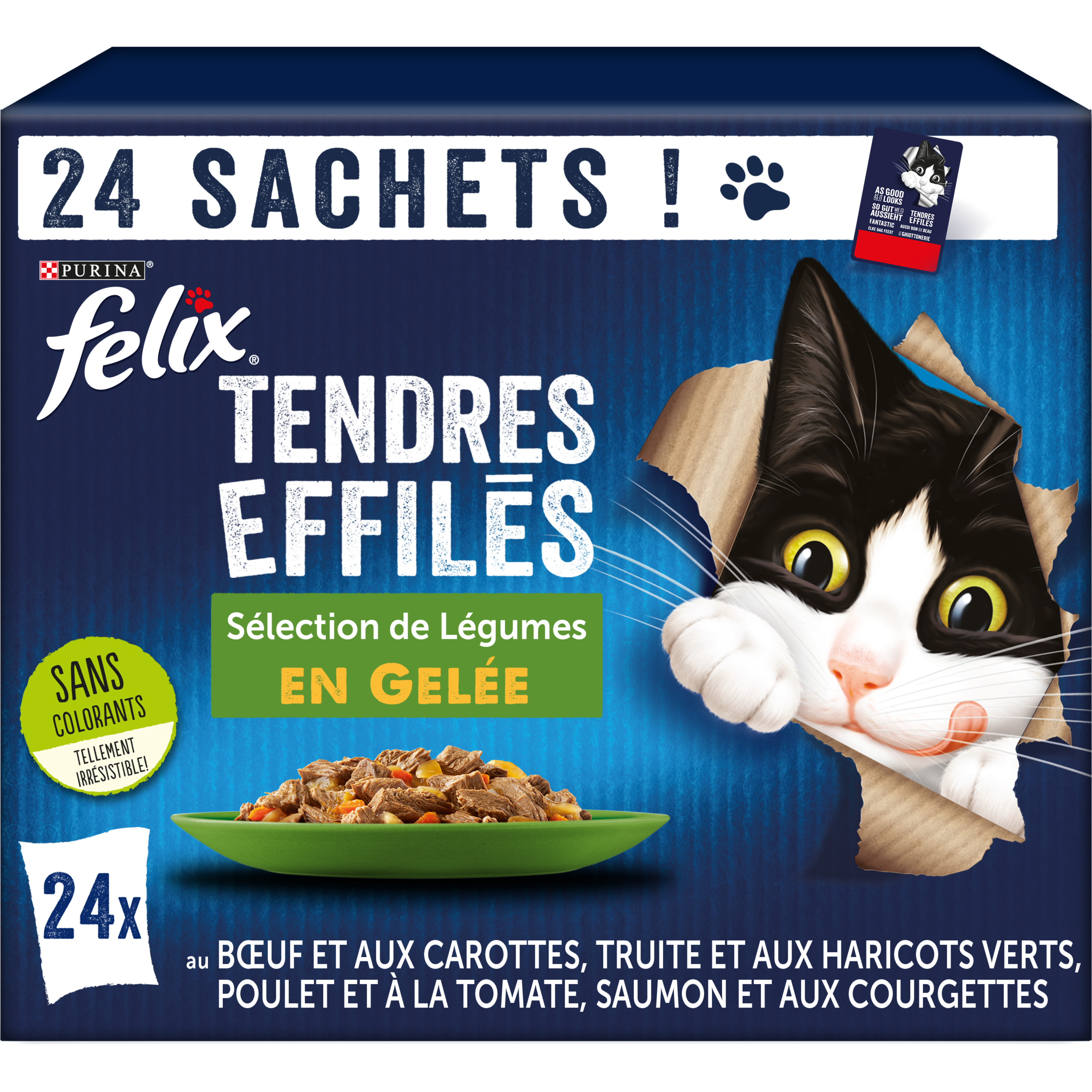 FELIX Sachets repas tendres effilés viandes et poissons sélection de  légumes en gelée pour chat 24 sachets 24x85g pas cher 