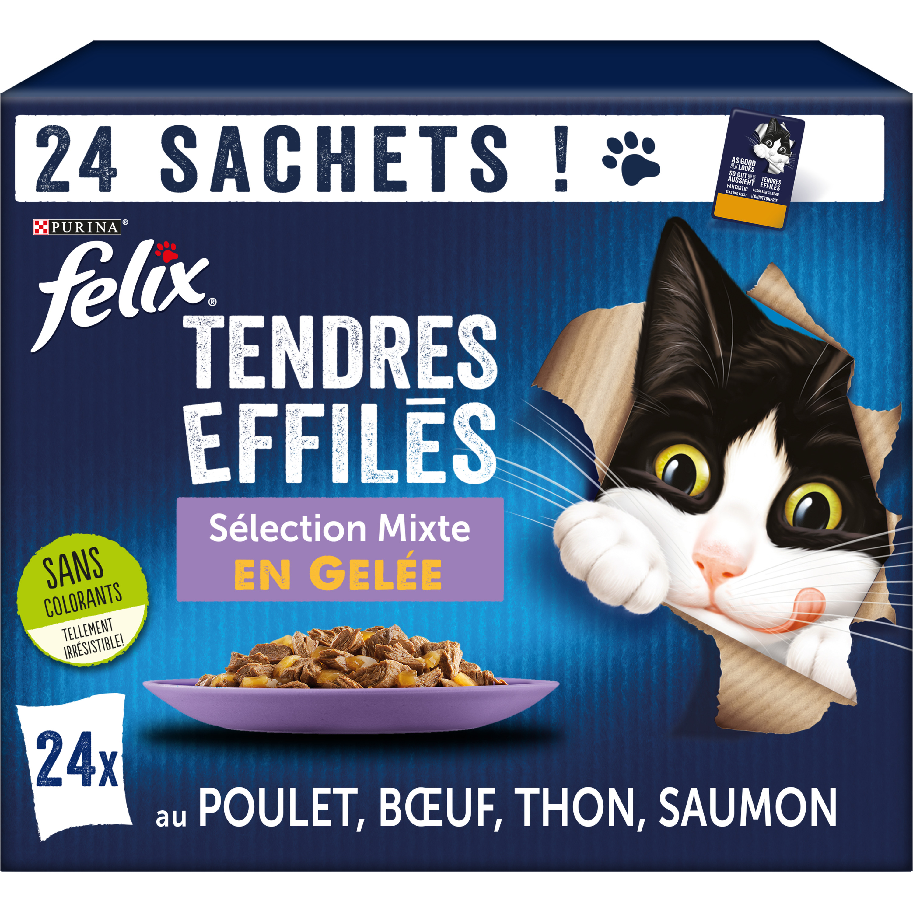 FELIX Sachets repas tendres effilés viandes et poissons sélection de  légumes en gelée pour chat 24 sachets 24x85g pas cher 