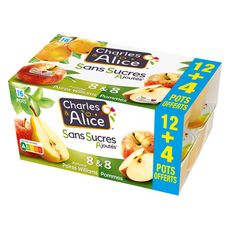 CHARLES & ALICE Spécialité de pommes poires williams et pommes sans sucres ajoutés 12+4 offerts 16x100g