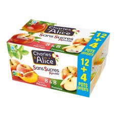 CHARLES & ALICE Spécialité de pomme et pomme pêche sans sucres ajoutés 12 pots+4 offerts 16x100g