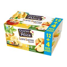 CHARLES & ALICE Spécialité de pommes et pommes banane vanille sans sucres ajoutés 12+4 offerts 16x100g
