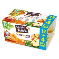 CHARLES & ALICE Spécialité de pommes et pommes abricots sans sucres ajoutés 12+4 offerts 16x100g