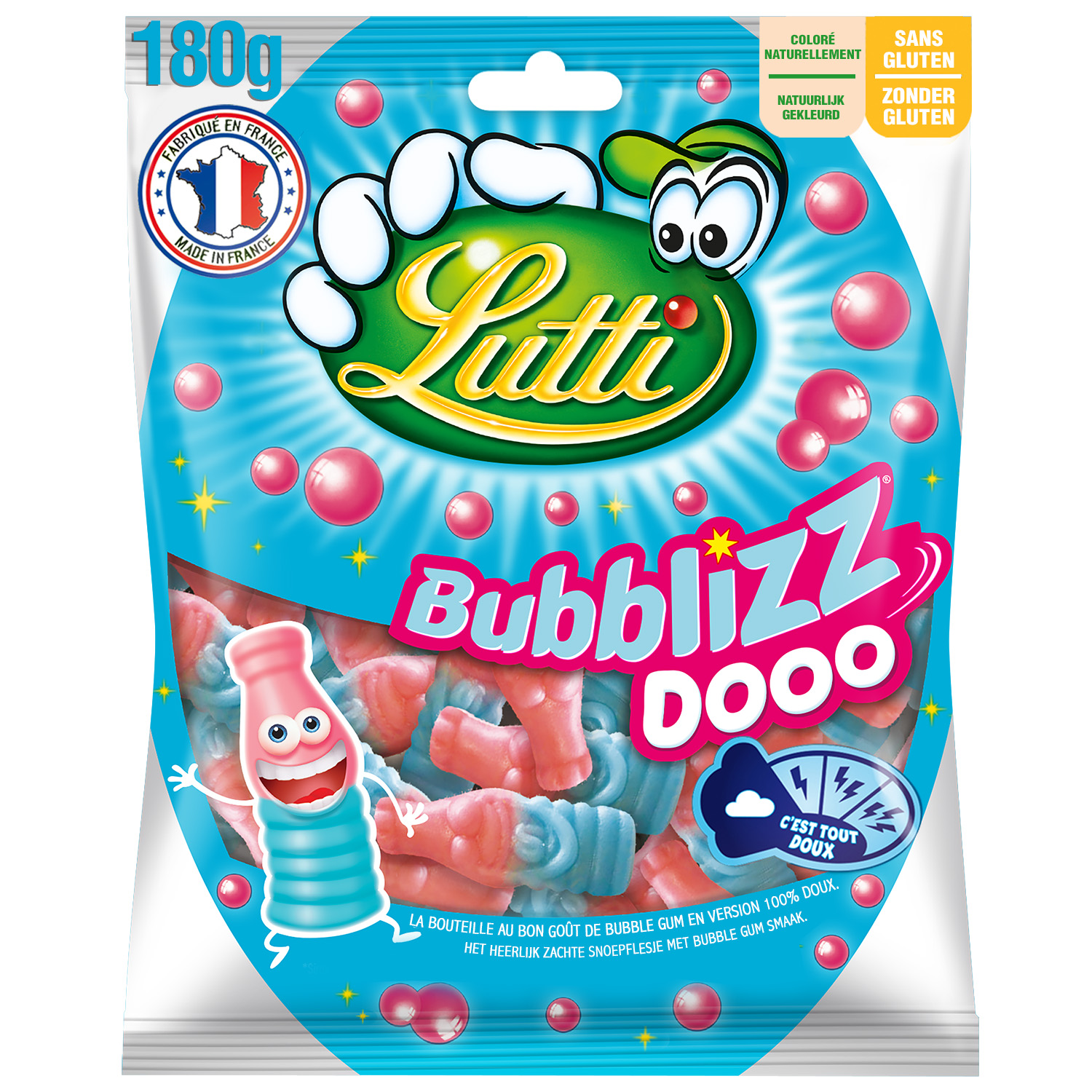 LUTTI Bubblizz original bonbons bouteille pétillante goût bubble gum 250g  pas cher 