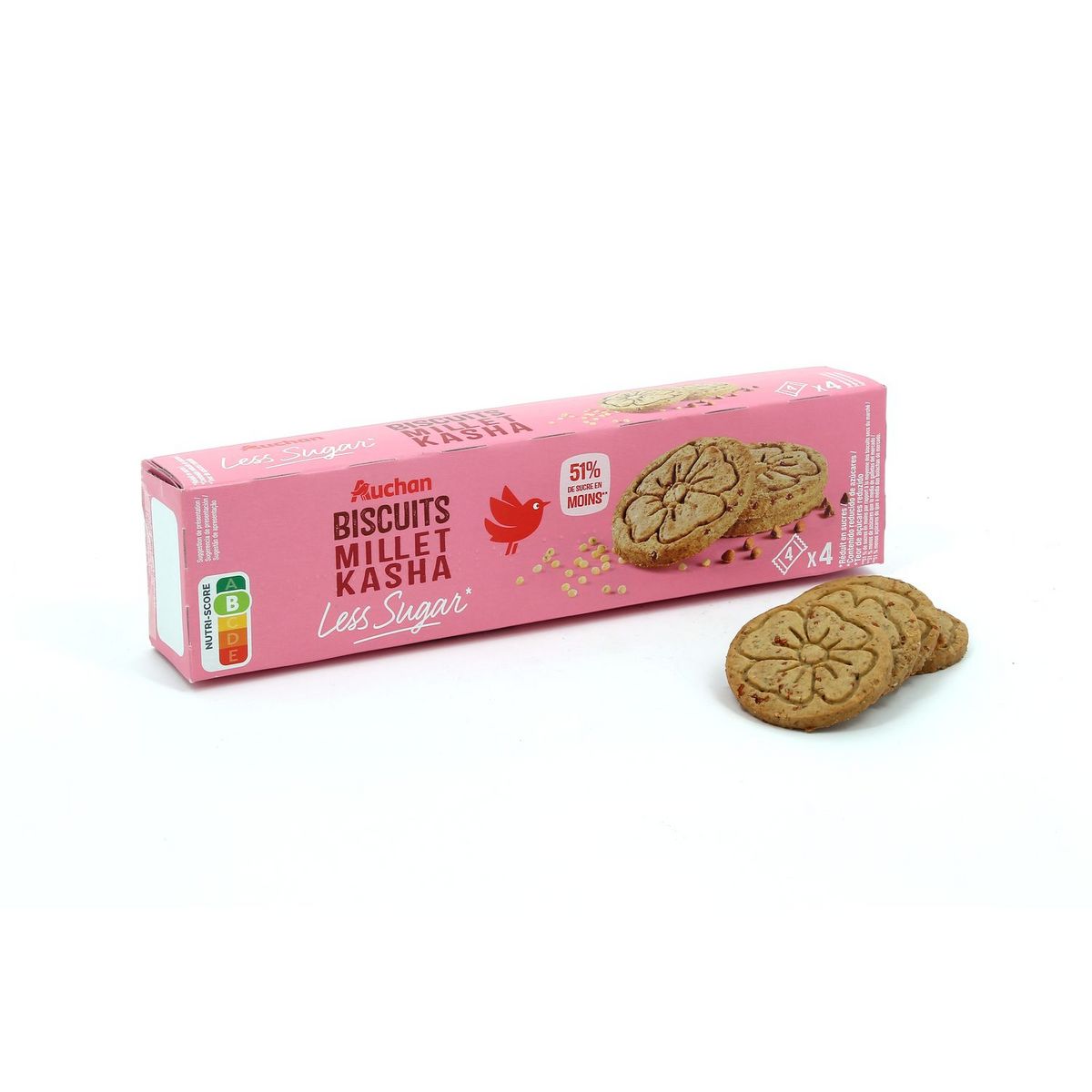 AUCHAN Less Sugar Biscuits millet kasha saveur vanille 4x4 biscuits 130g