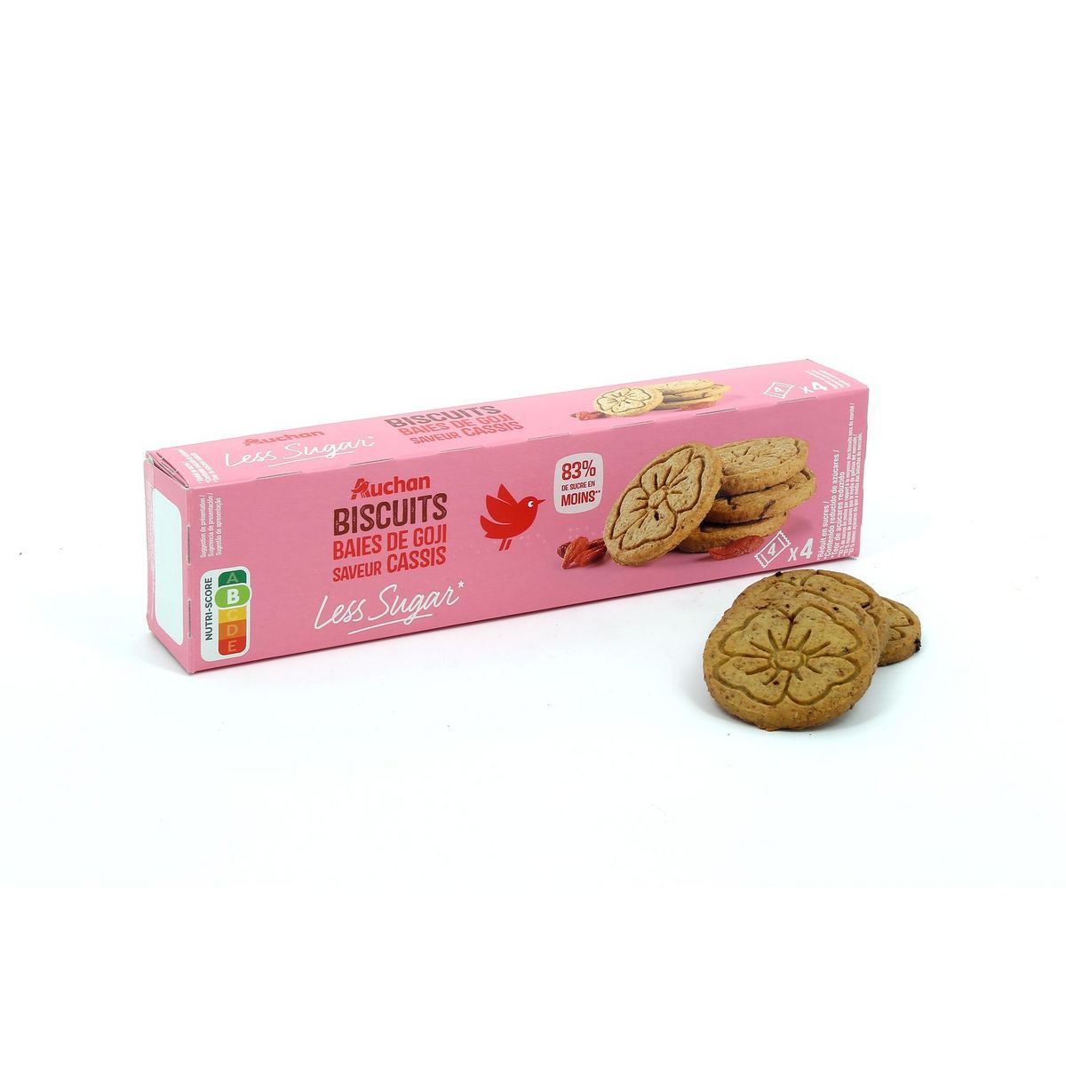 AUCHAN Less Sugar biscuits baies de goji saveur cassis 4x4 pièces 130g