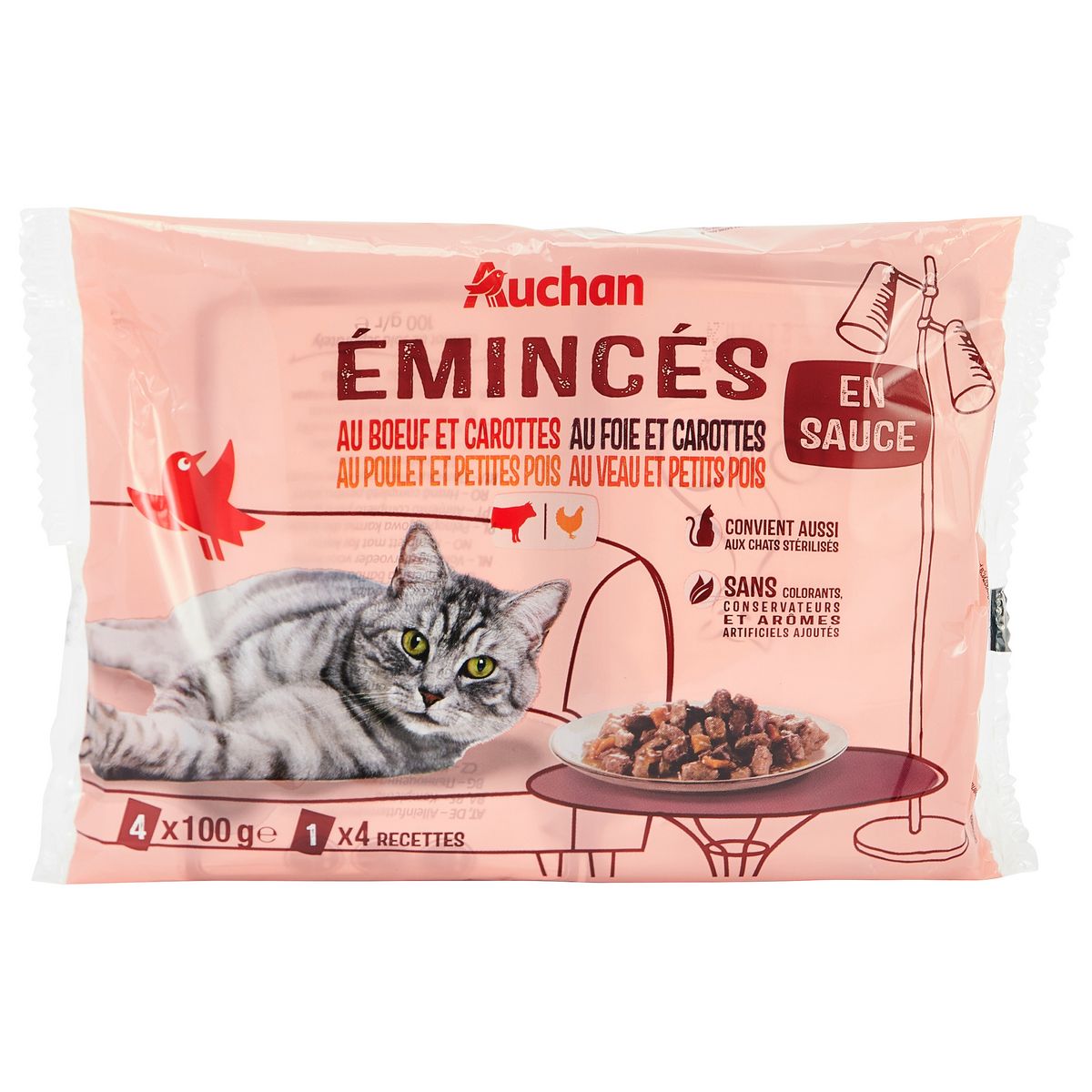 AUCHAN Sachets repas émincés en sauce viandes et légumes pour chat