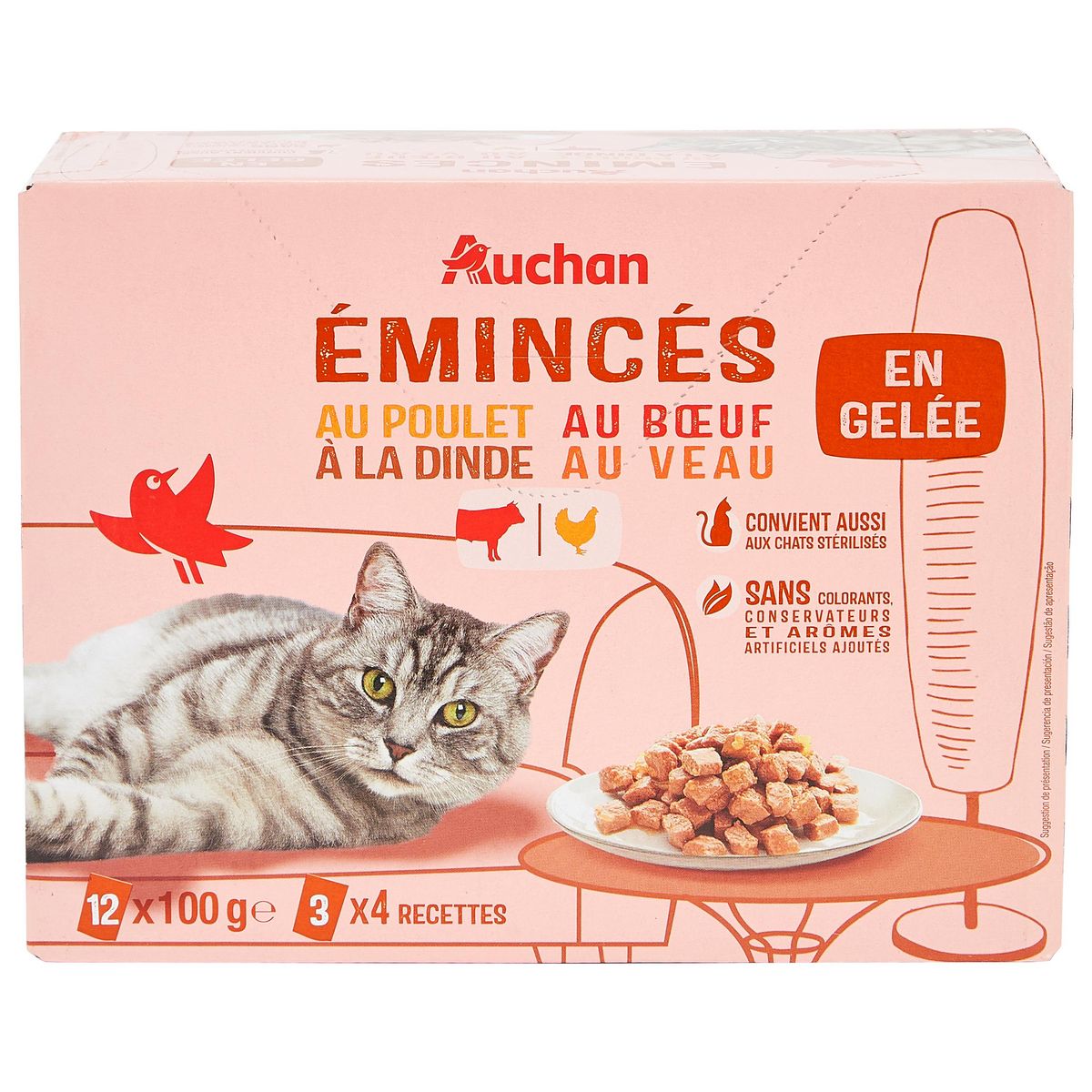 AUCHAN Emincés en gelée viandes pour chat 12x100g pas cher 