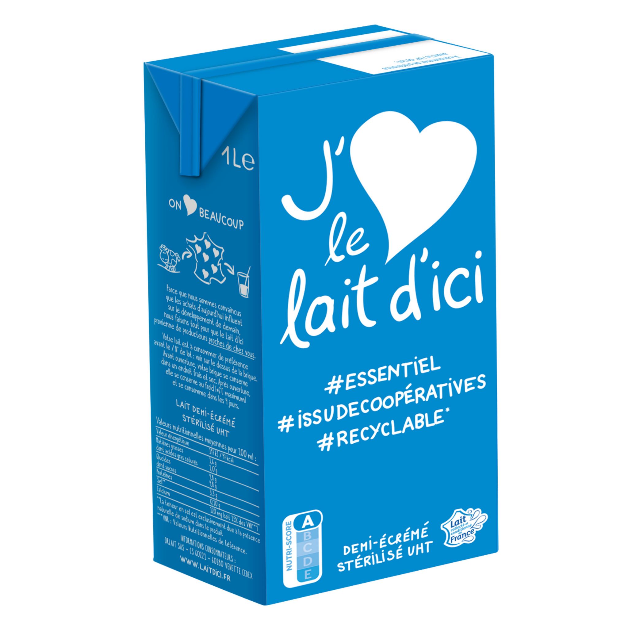 J'aime le lait d'ici 1/2 écrémé bouteille 1l