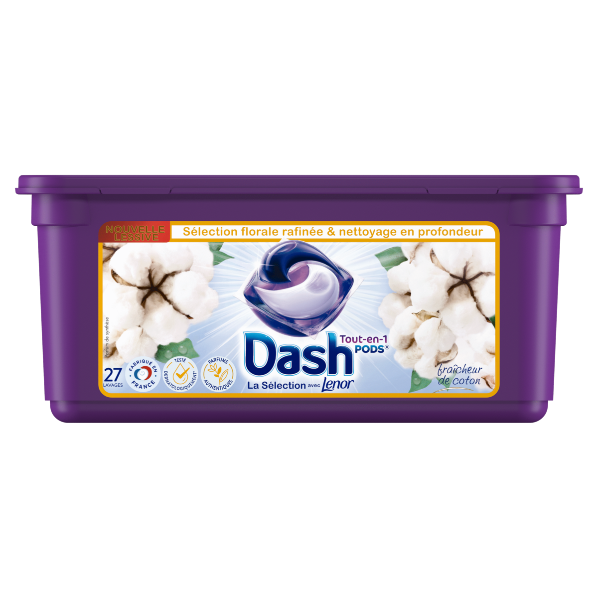 DASH Pods lessive capsules tout en 1 fraîcheur de coton 27 capsules