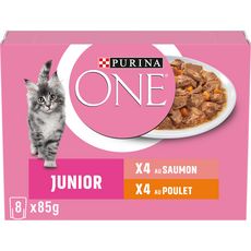 PURINA ONE Sachets repas chats junior 1 à 12 mois poulet et saumon aux carottes 8x85g