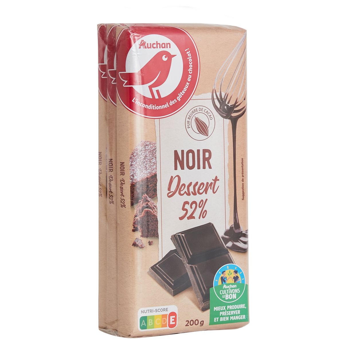 AUCHAN CULTIVONS LE BON Tablette de chocolat noir dessert 52%  3 pièces 3x200g