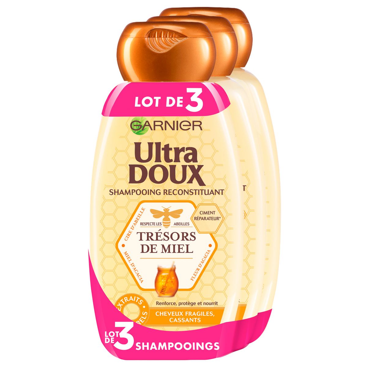 ULTRA DOUX Shampooing reconstituant miel cheveux fragiles et cassants 3x250ml