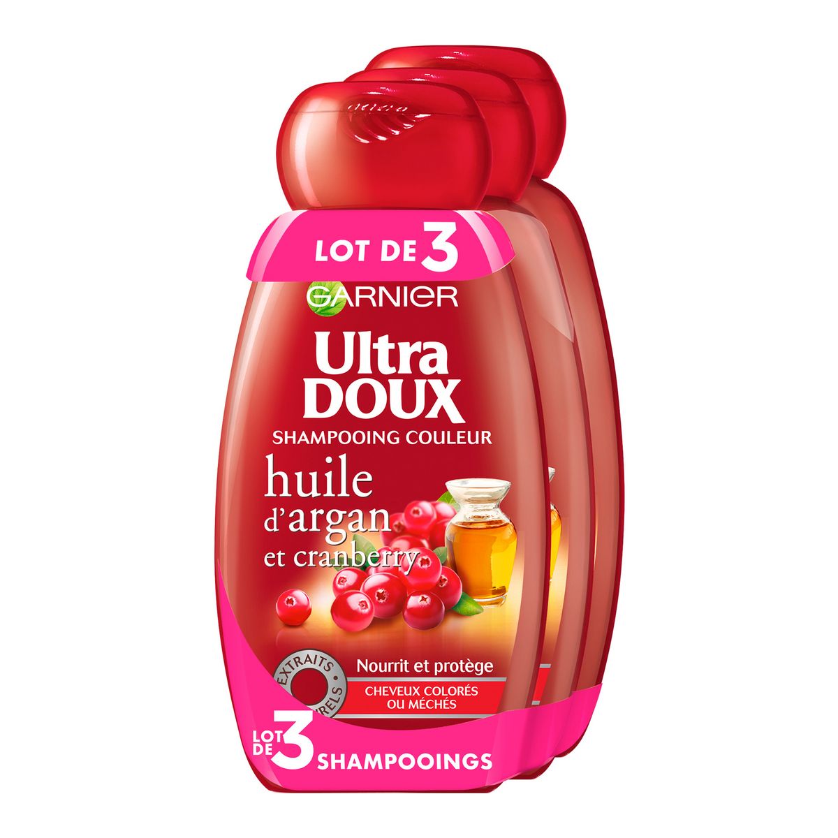 ULTRA DOUX Shampooing couleur huile d'argan et cranberry cheveux colorés ou méchés 3x250ml