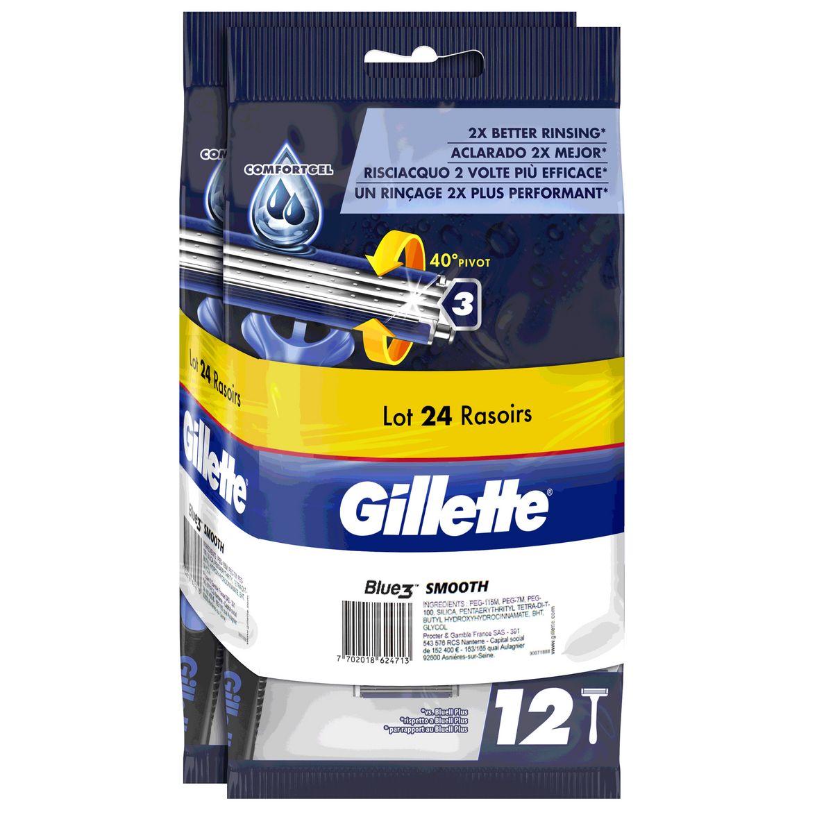 GILLETTE Blue 3 Smooth rasoirs jetables 24 pièces 2x12 rasoirs
