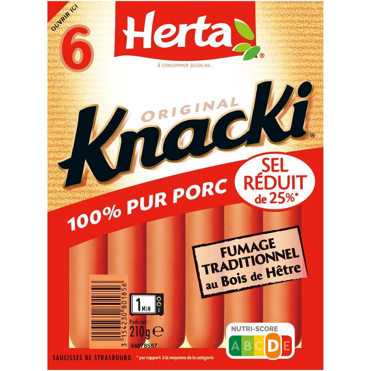 HERTA Knacki saucisse réduit en sel pur porc 6 pièces 210g